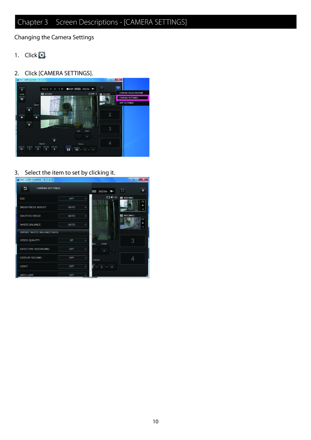 JVC GV-L52, GV-L51 instruction manual Screen Descriptions Camera Settings 