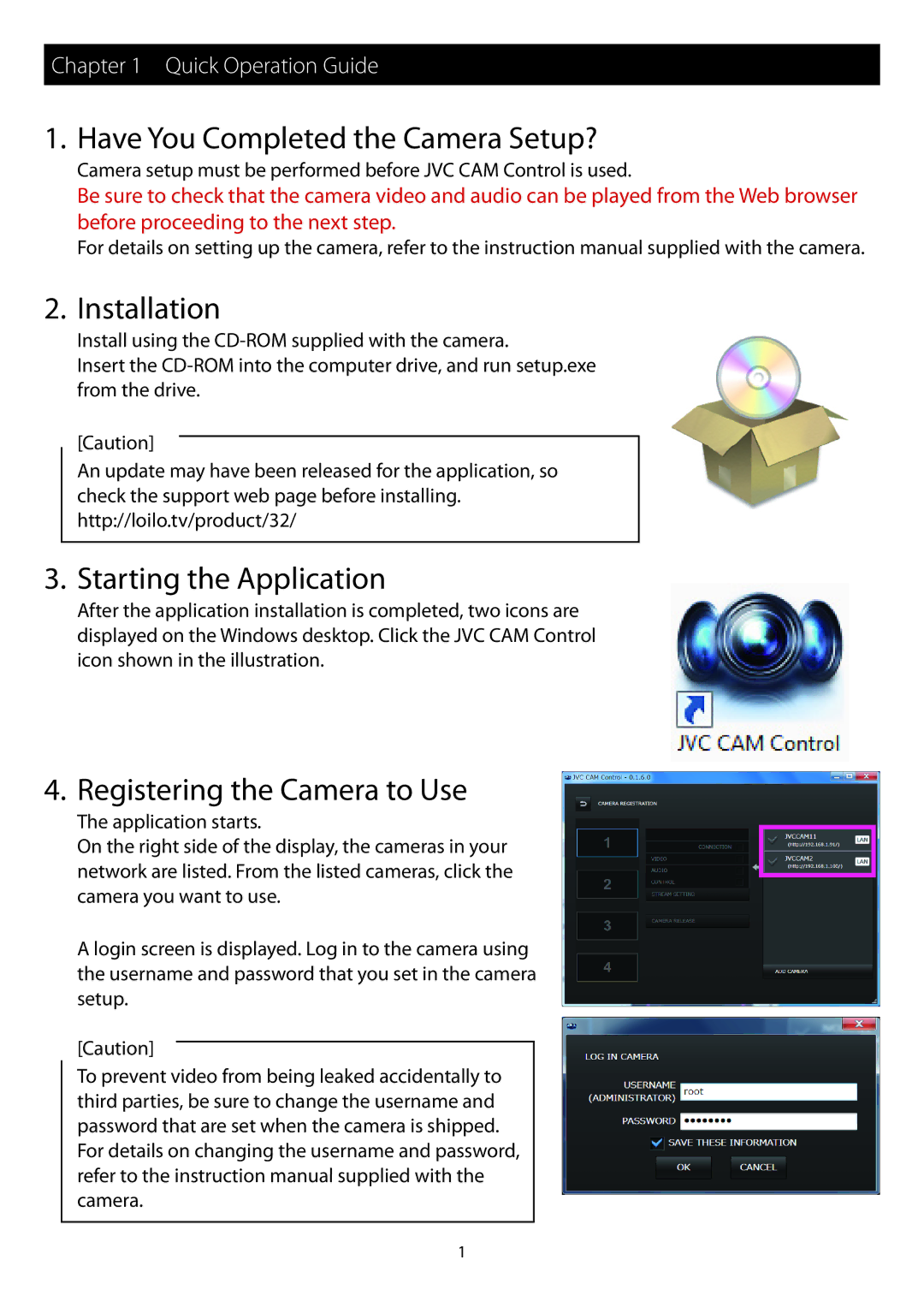 JVC GV-L51 Have You Completed the Camera Setup?, Installation, Starting the Application, Registering the Camera to Use 