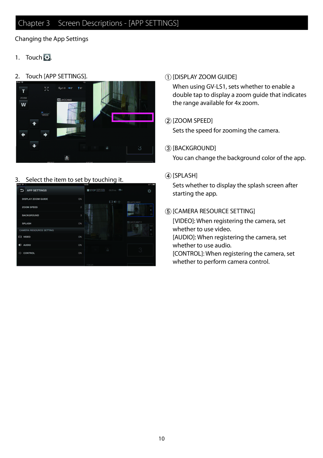 JVC GV-LS1, GV-LS2 instruction manual Screen Descriptions APP Settings, Display Zoom Guide 