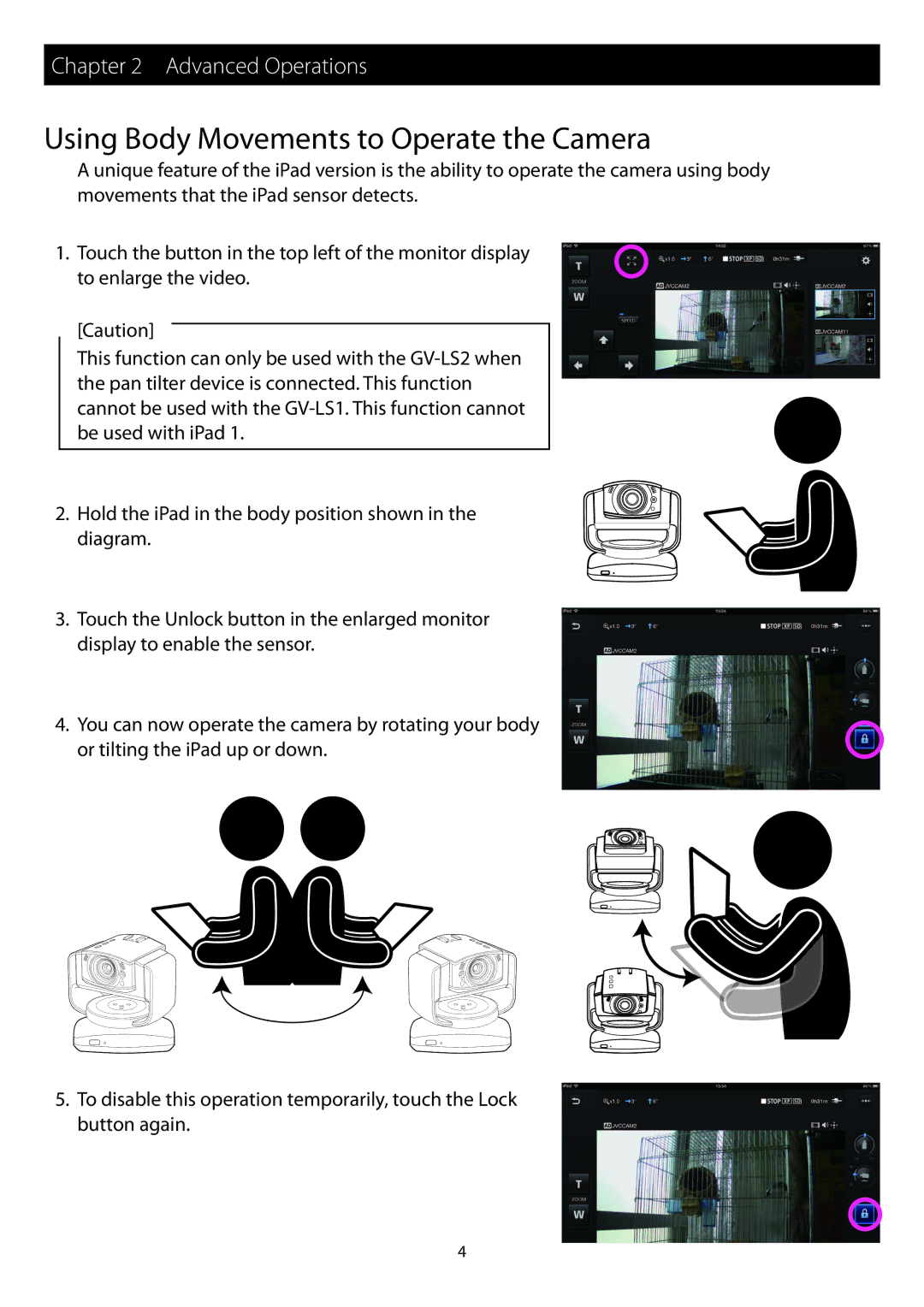 JVC GV-LS1, GV-LS2 instruction manual Using Body Movements to Operate the Camera 