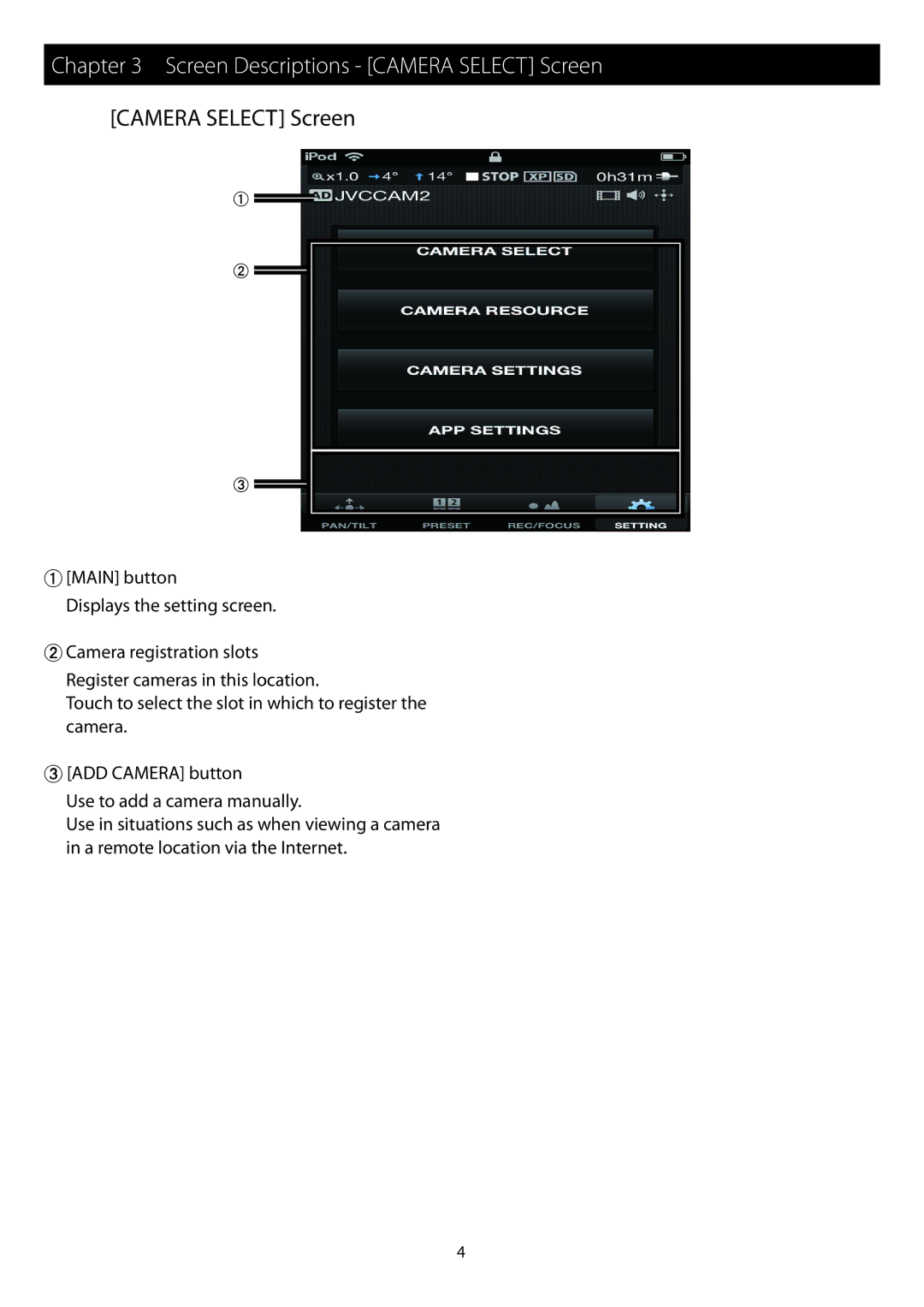 JVC GV-LS1, GV-LS2 instruction manual Screen Descriptions Camera Select Screen 