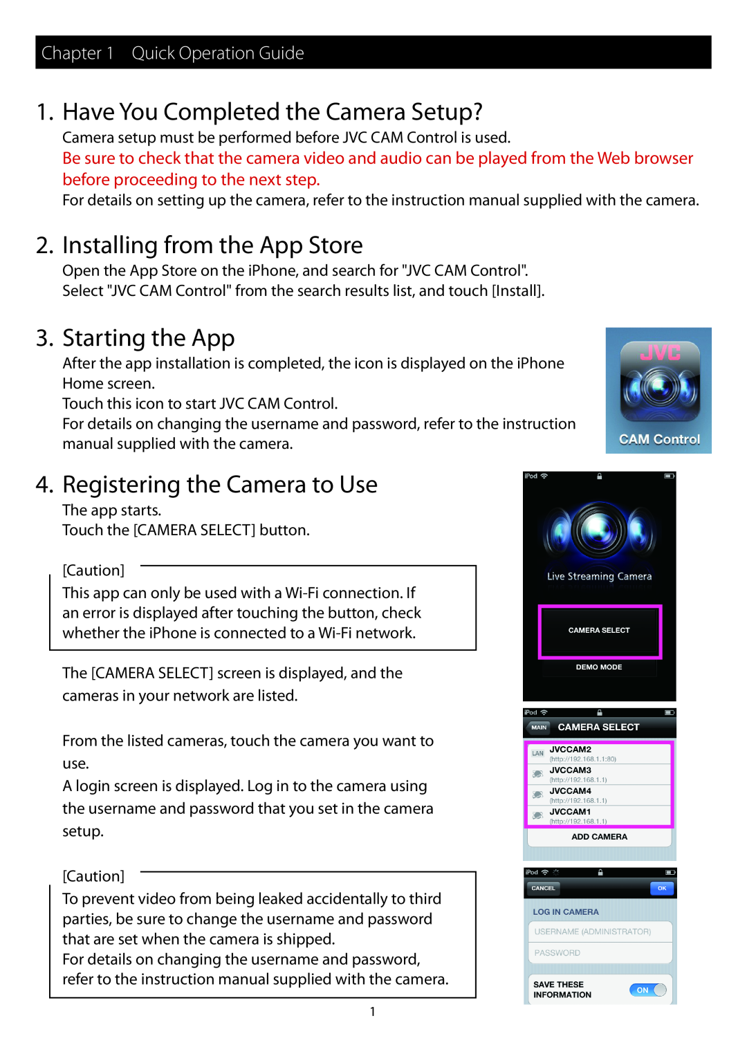JVC GV-LS2 Have You Completed the Camera Setup?, Installing from the App Store, Starting the App, Quick Operation Guide 