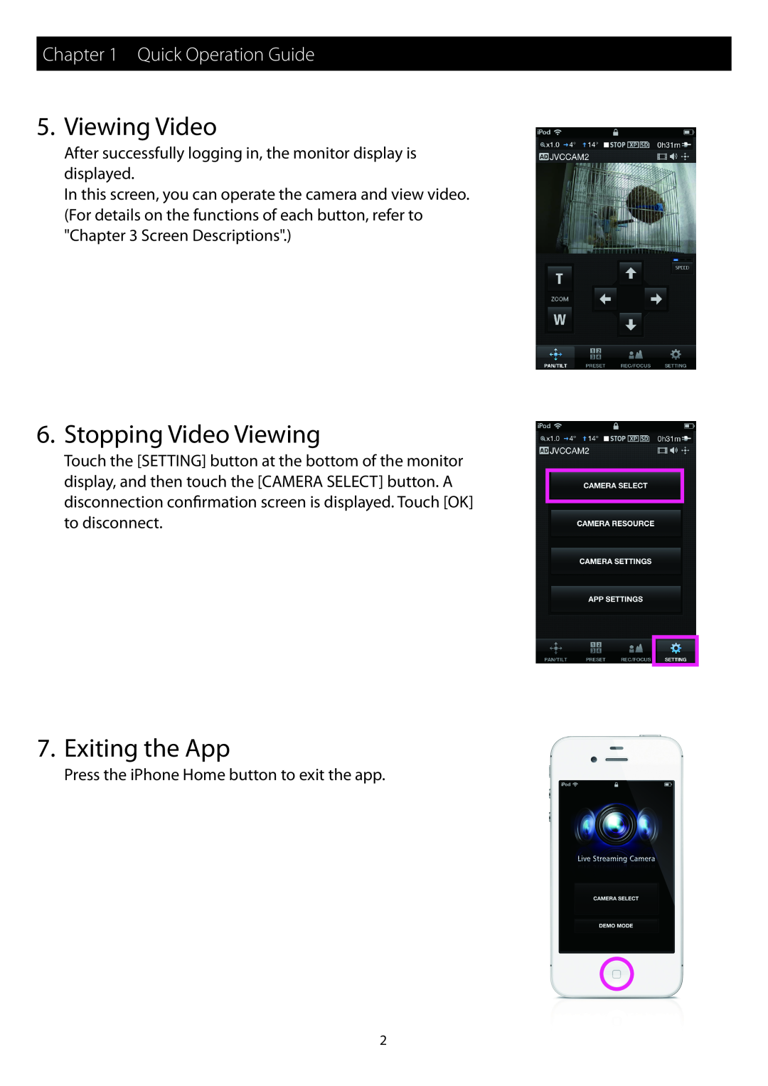 JVC GV-LS1, GV-LS2 instruction manual Viewing Video, Stopping Video Viewing, Exiting the App, Quick Operation Guide 