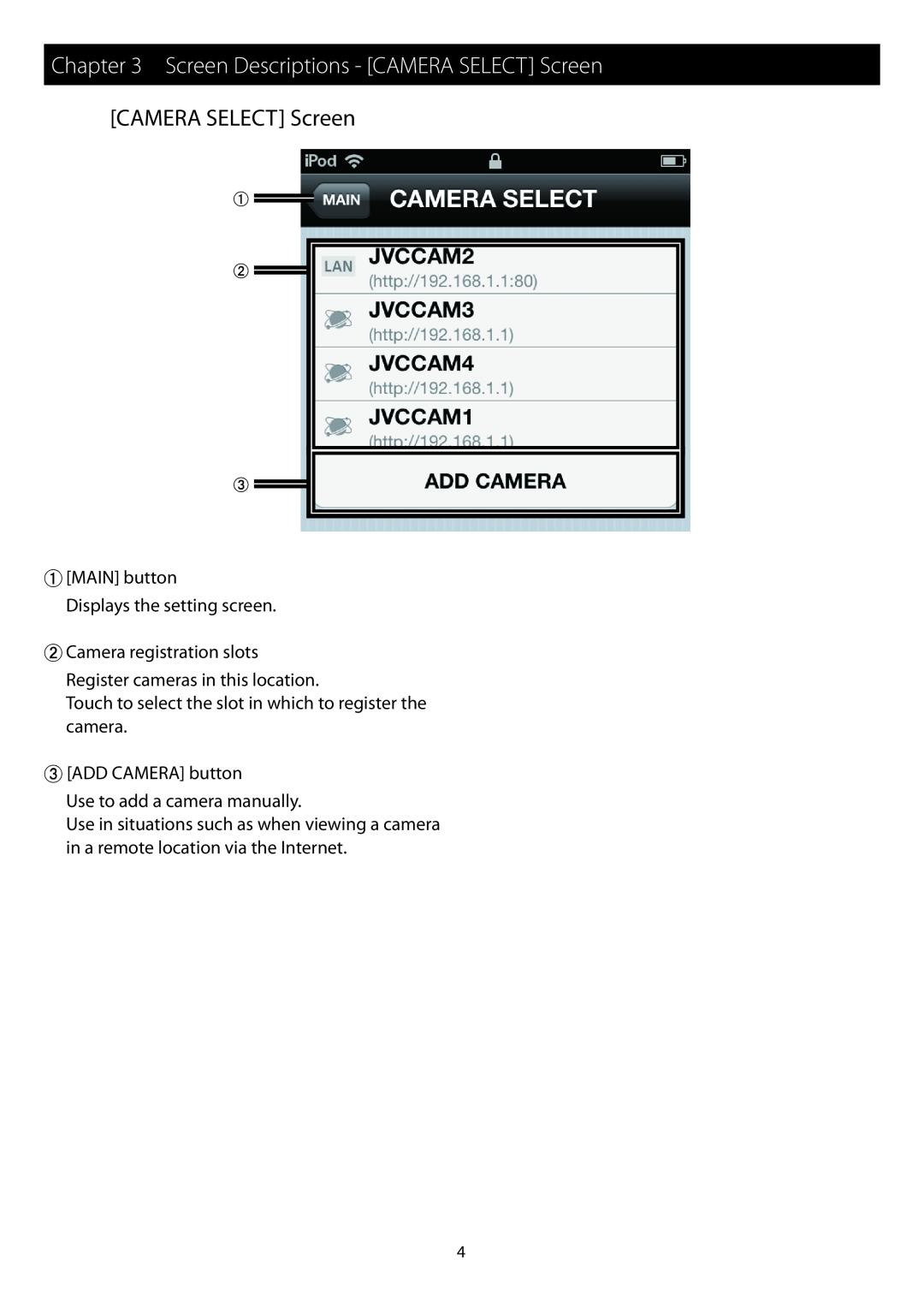 JVC GV-LS1 Screen Descriptions - CAMERA SELECT Screen, MAIN button Displays the setting screen # Camera registration slots 