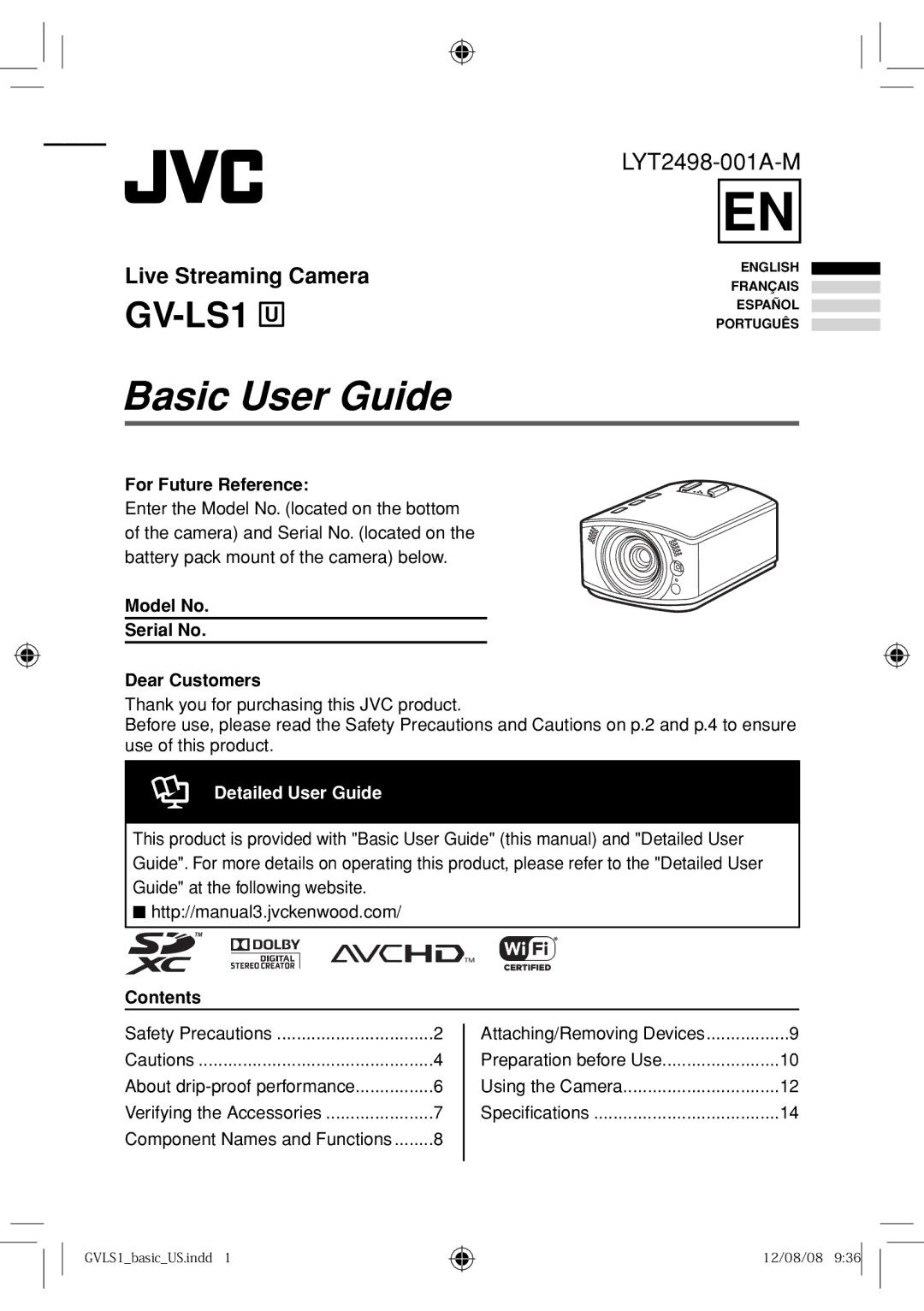 JVC GV-LS1 U specifications For Future Reference, Model No Serial No Dear Customers, Contents 