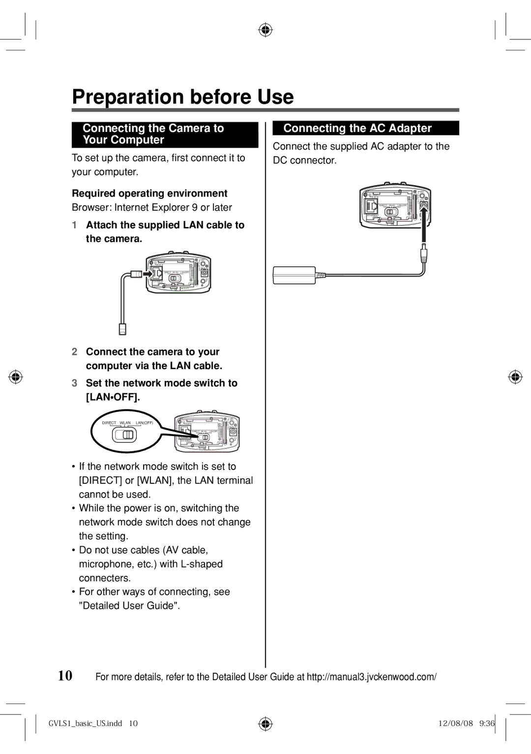 JVC GV-LS1 U specifications Preparation before Use, Connecting the Camera to Your Computer, Connecting the AC Adapter 