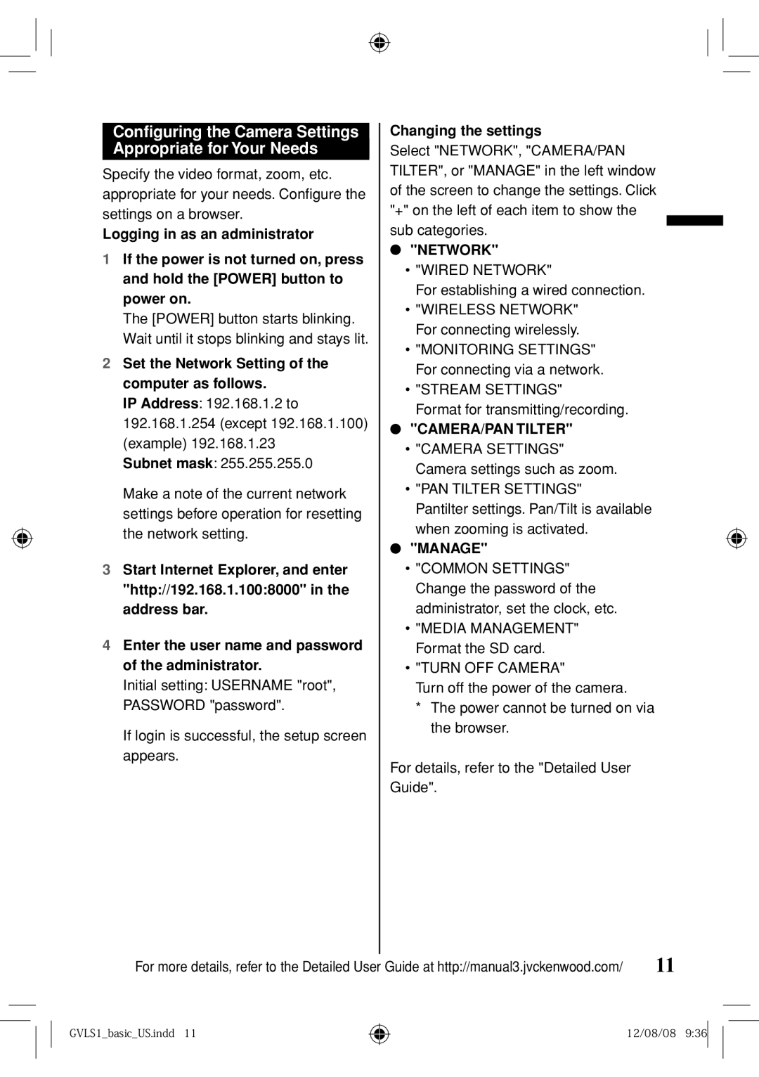 JVC GV-LS1 U specifications Configuring the Camera Settings Appropriate for Your Needs, Changing the settings 