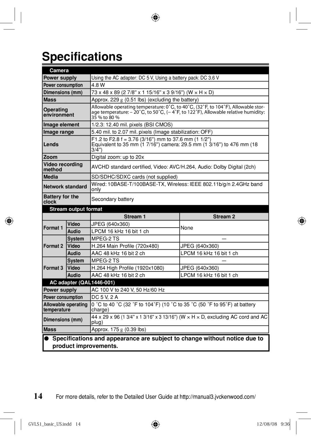 JVC GV-LS1 U specifications Specifications 