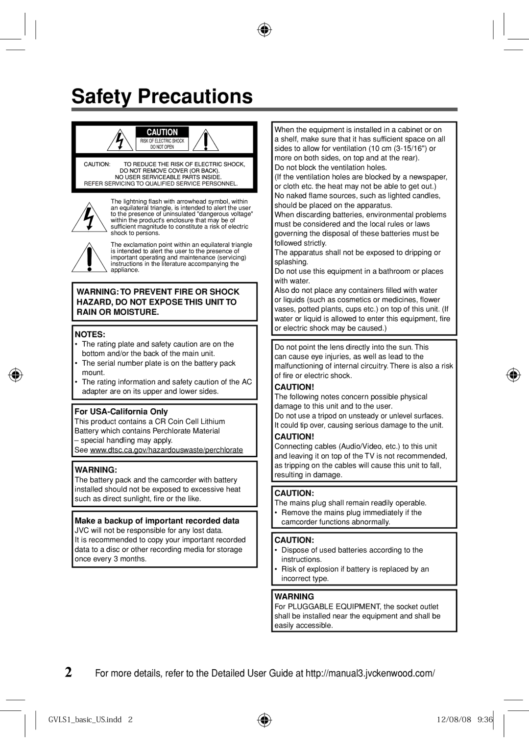 JVC GV-LS1 U specifications Safety Precautions, For USA-California Only, Make a backup of important recorded data 