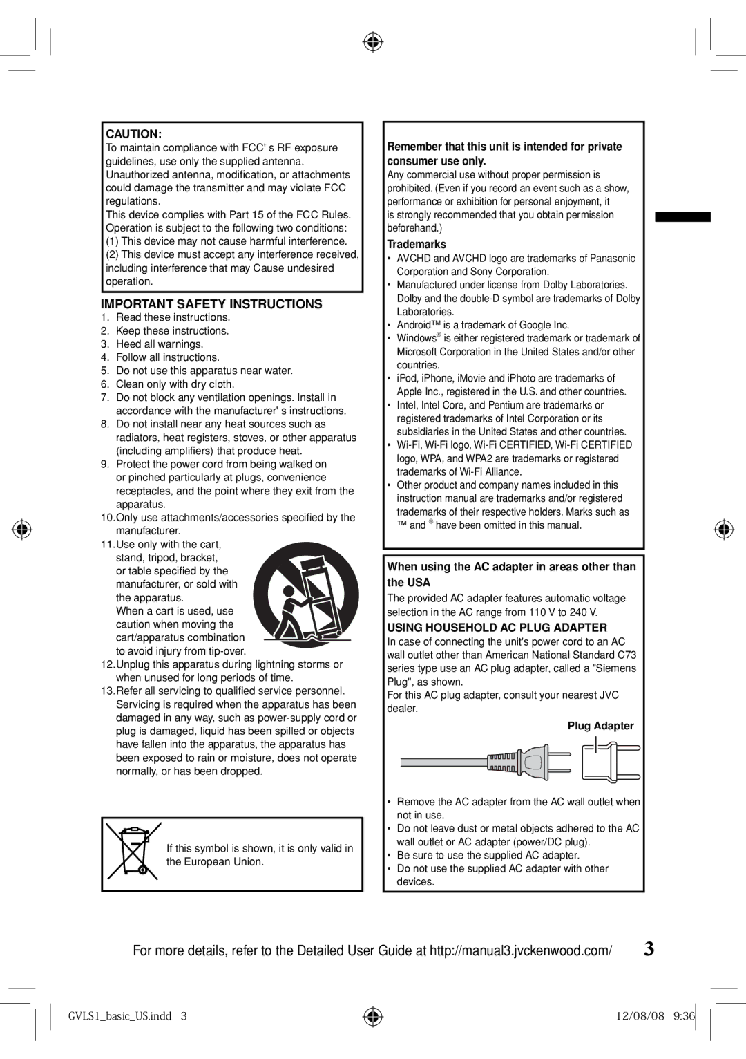 JVC GV-LS1 U specifications Trademarks, When using the AC adapter in areas other than the USA 