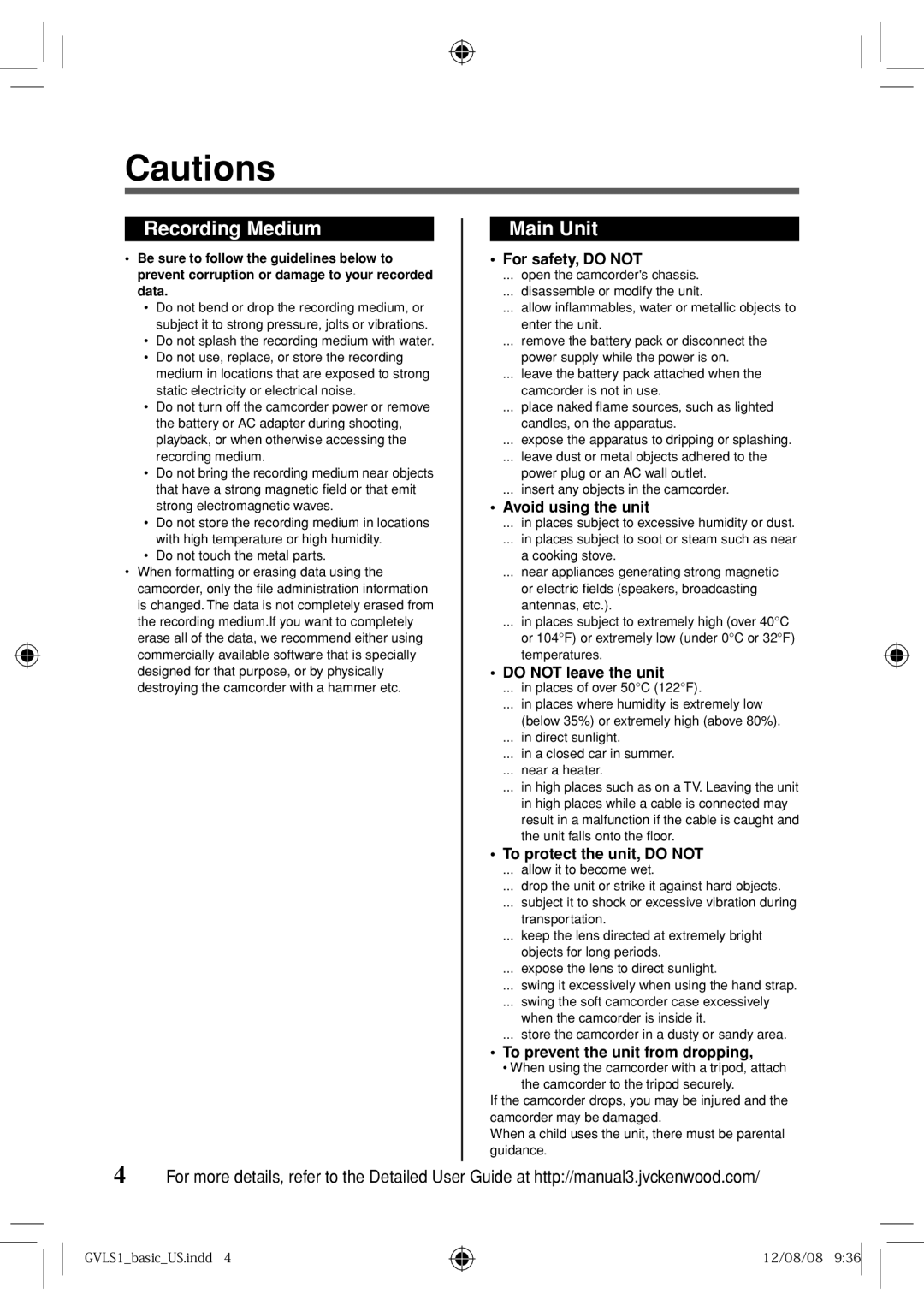 JVC GV-LS1 U specifications Recording Medium Main Unit 