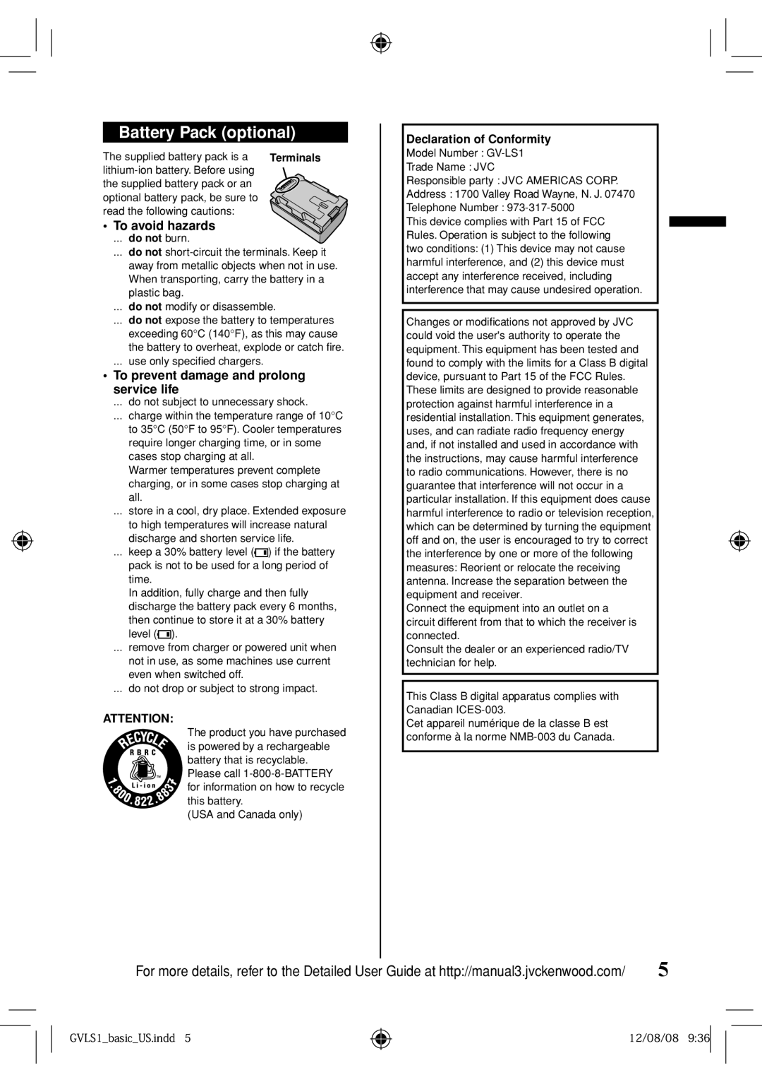 JVC GV-LS1 U specifications Battery Pack optional, To avoid hazards, To prevent damage and prolong service life 