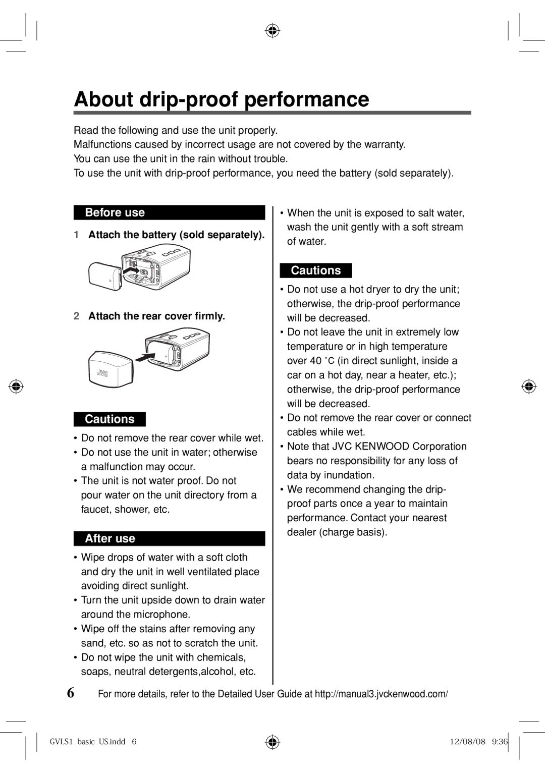 JVC GV-LS1 U specifications About drip-proof performance, Before use, After use, Attach the battery sold separately 