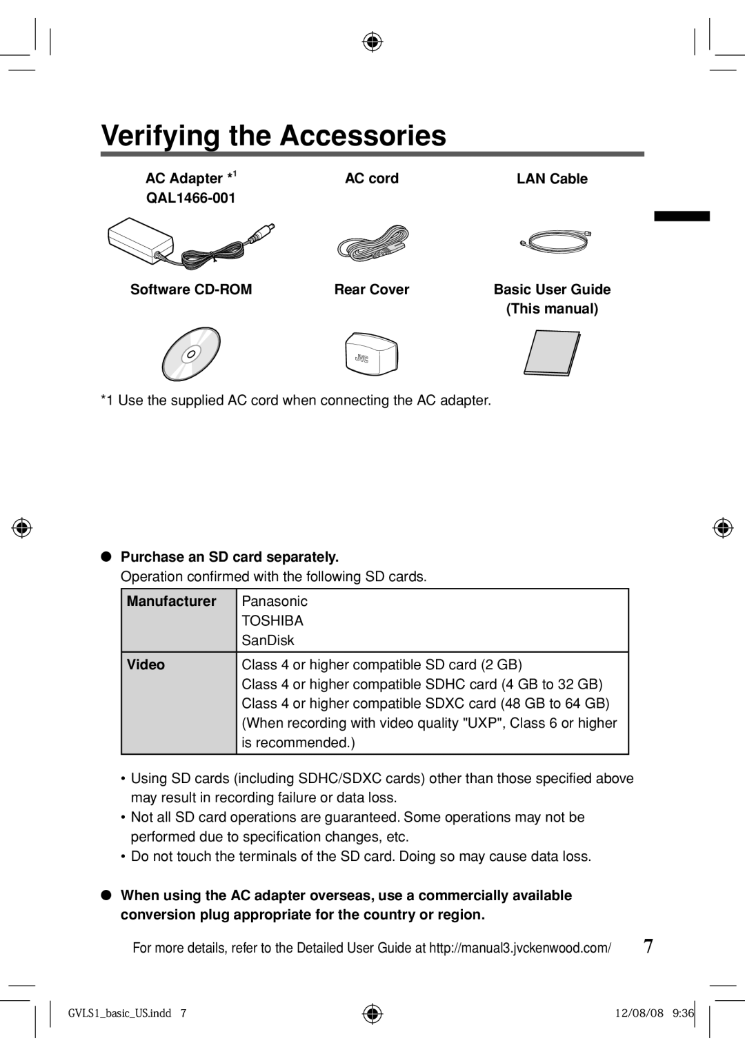 JVC GV-LS1 U specifications Verifying the Accessories 