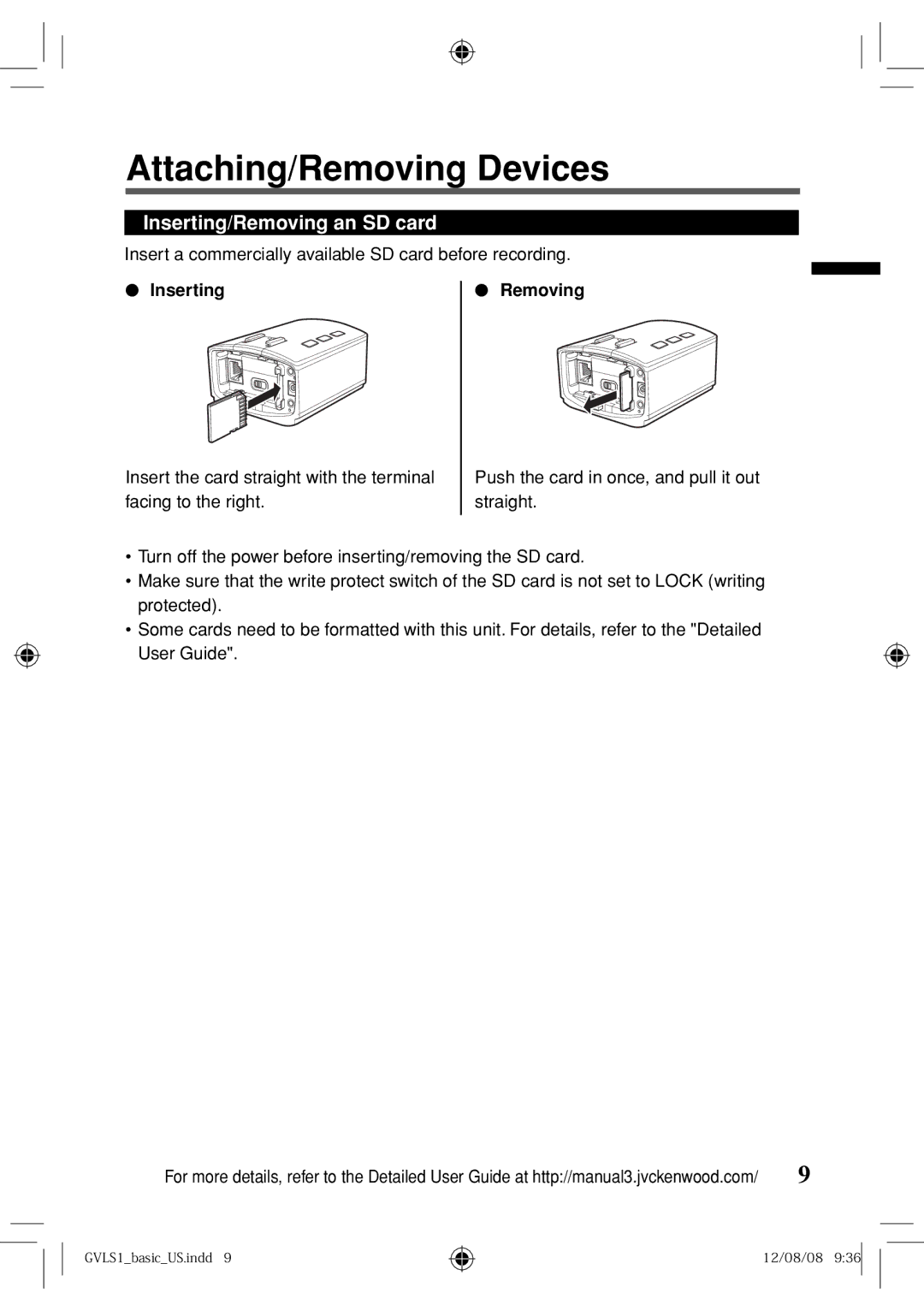 JVC GV-LS1 U specifications Attaching/Removing Devices, Inserting/Removing an SD card, Inserting Removing 