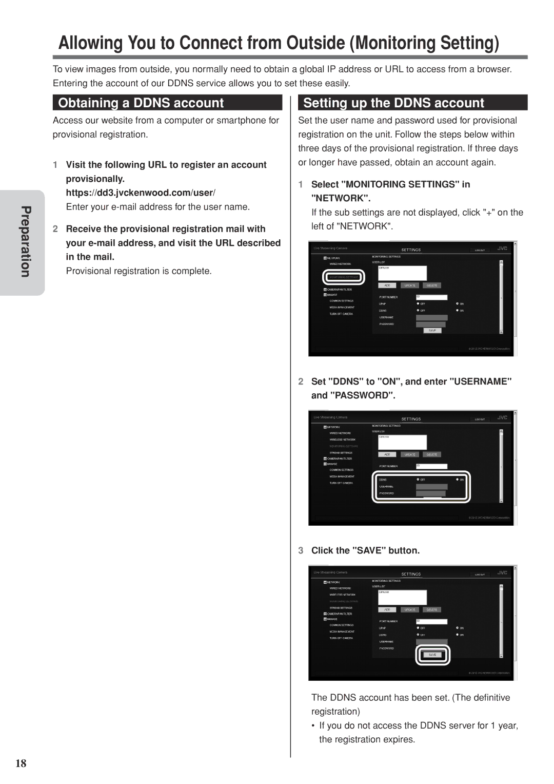 JVC GV-LS2 U manual Obtaining a Ddns account, Setting up the Ddns account, Select Monitoring Settings in Network 