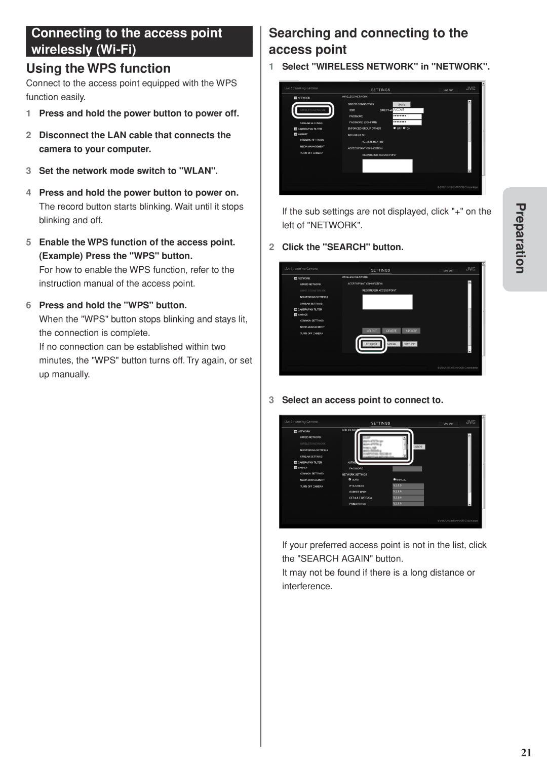 JVC GV-LS2 U Connecting to the access point wirelessly Wi-Fi, Using the WPS function, Select Wireless Network in Network 