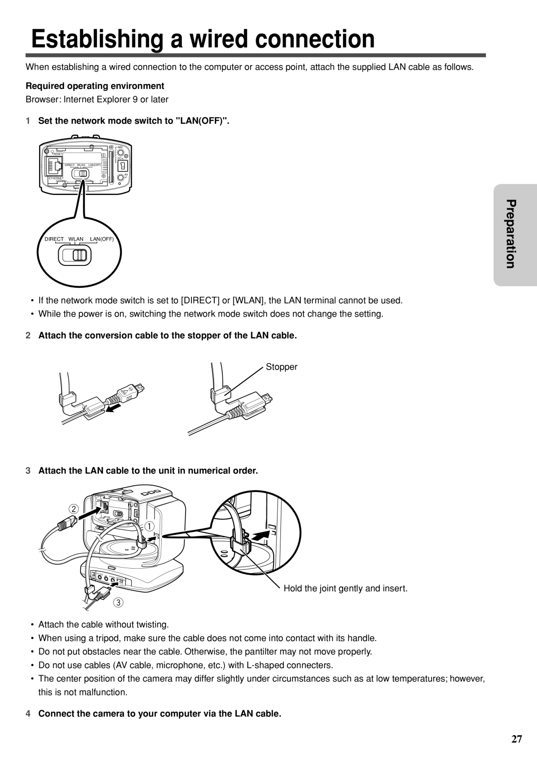 JVC GV-LS2 U manual Establishing a wired connection, Attach the conversion cable to the stopper of the LAN cable 