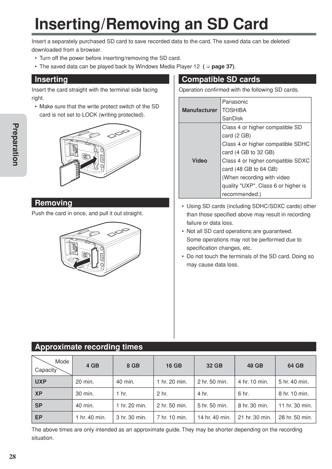 JVC GV-LS2 U manual Inserting/Removing an SD Card, Compatible SD cards, Approximate recording times 