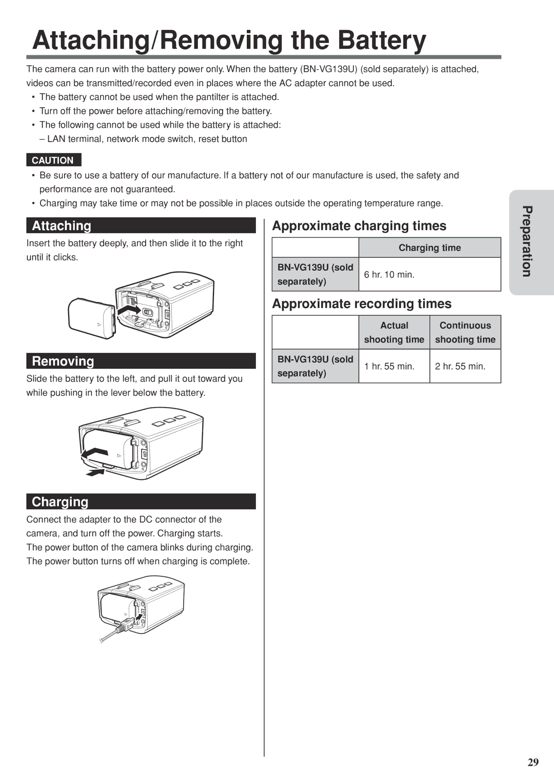 JVC GV-LS2 U manual Attaching/Removing the Battery, Charging, Approximate charging times, Approximate recording times 