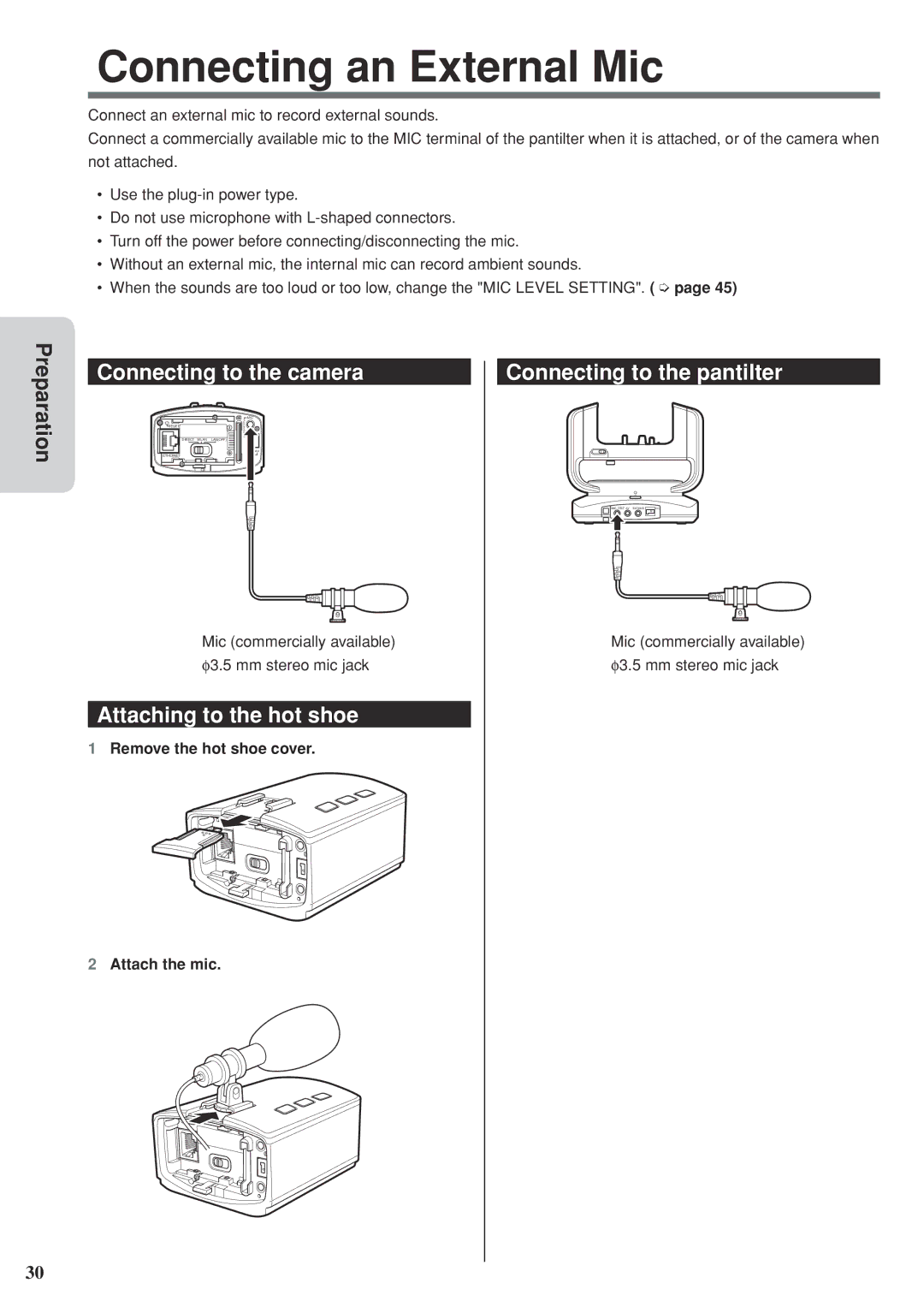 JVC GV-LS2 U Connecting an External Mic, Connecting to the camera, Attaching to the hot shoe, Connecting to the pantilter 