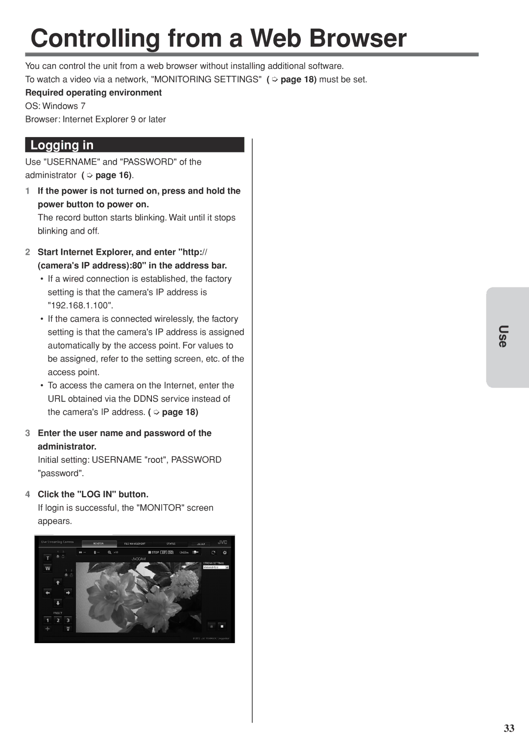 JVC GV-LS2 U manual Controlling from a Web Browser, Logging, Click the LOG in button 