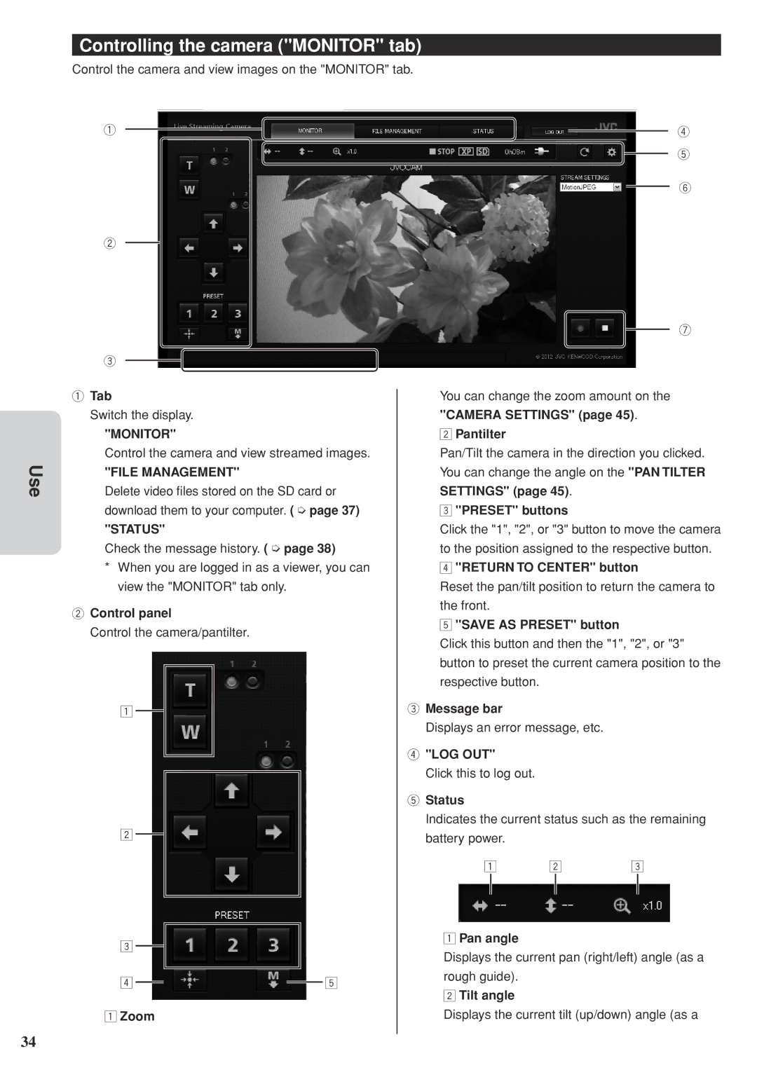 JVC GV-LS2 U manual Controlling the camera Monitor tab, File Management, Status, Log Out 