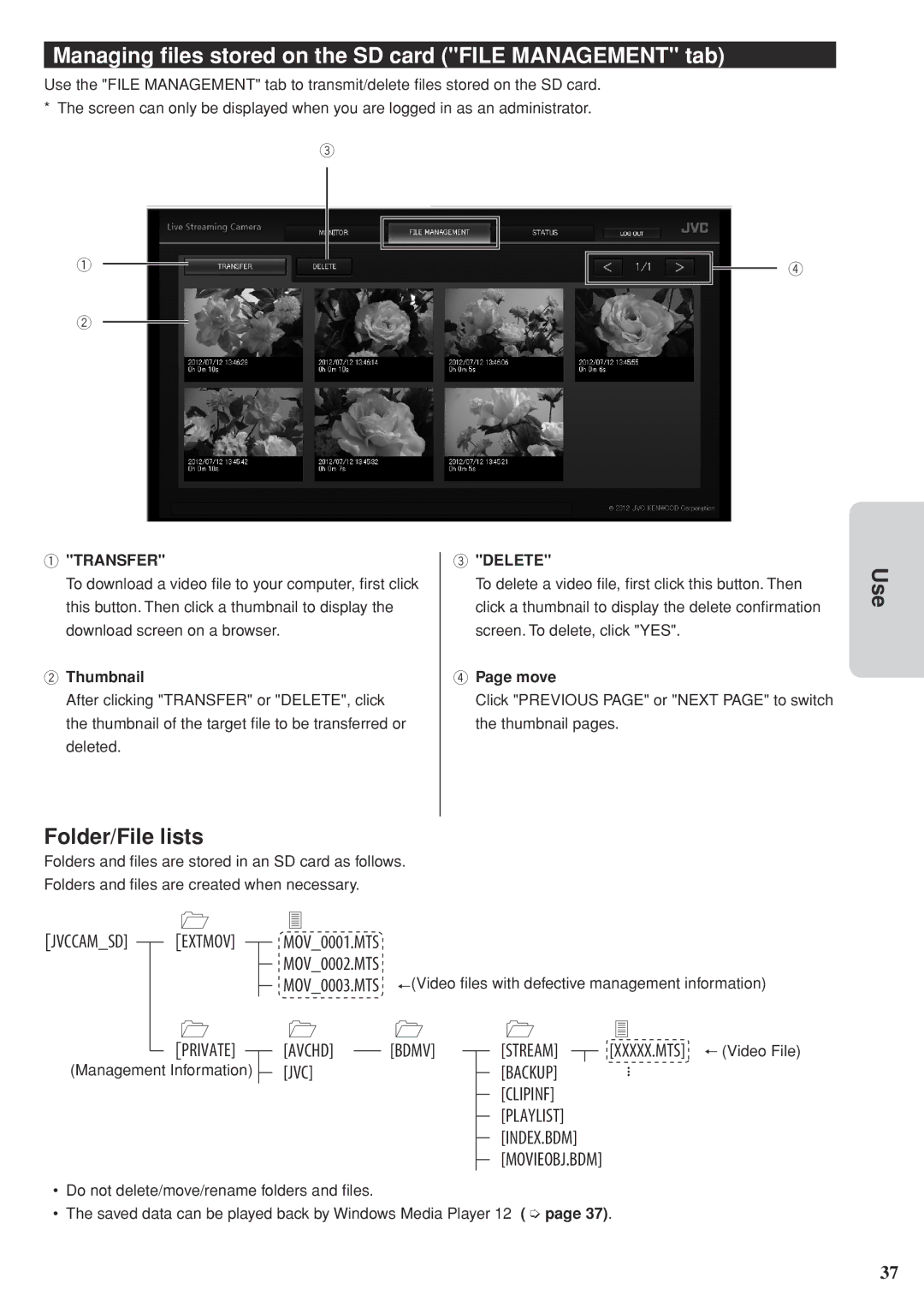 JVC GV-LS2 U manual Managing files stored on the SD card File Management tab, Use Folder/File lists, Transfer, Delete 