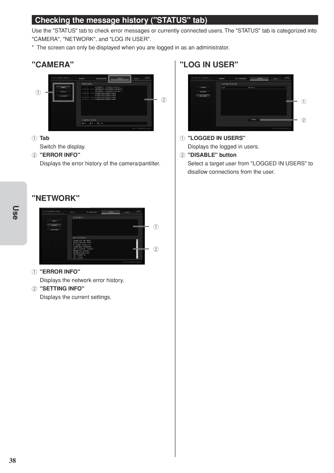 JVC GV-LS2 U manual Checking the message history Status tab, Camera, Network, LOG in User 