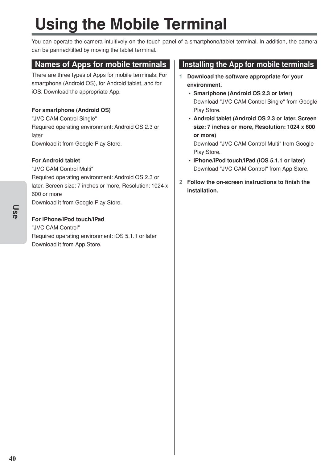 JVC GV-LS2 U manual Using the Mobile Terminal, Names of Apps for mobile terminals, Installing the App for mobile terminals 