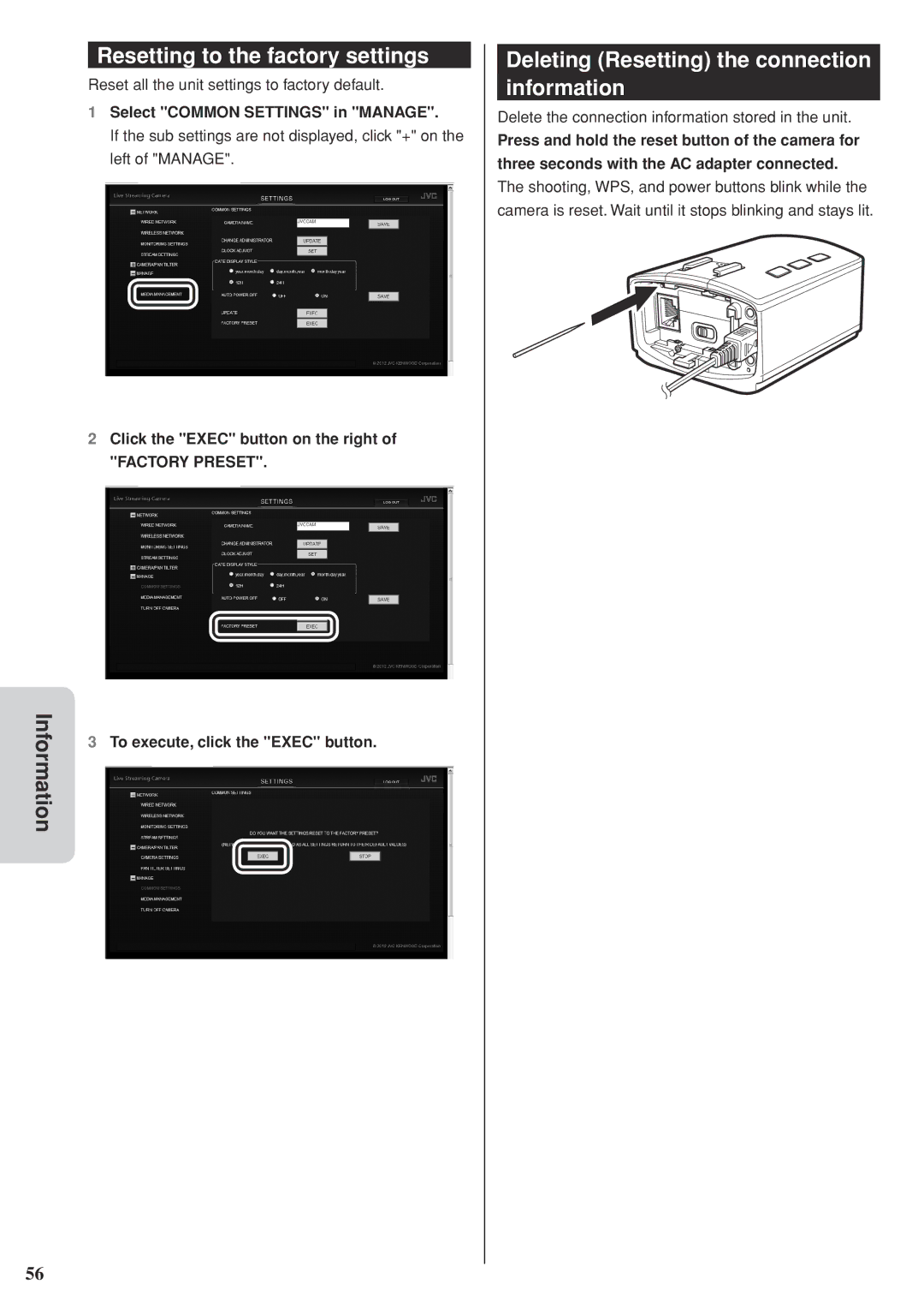 JVC GV-LS2 U manual Resetting to the factory settings, Deleting Resetting the connection information 