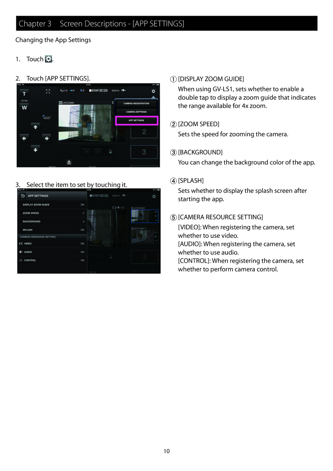 JVC GV-LS2/GV-LS1 instruction manual Screen Descriptions APP Settings, Display Zoom Guide 