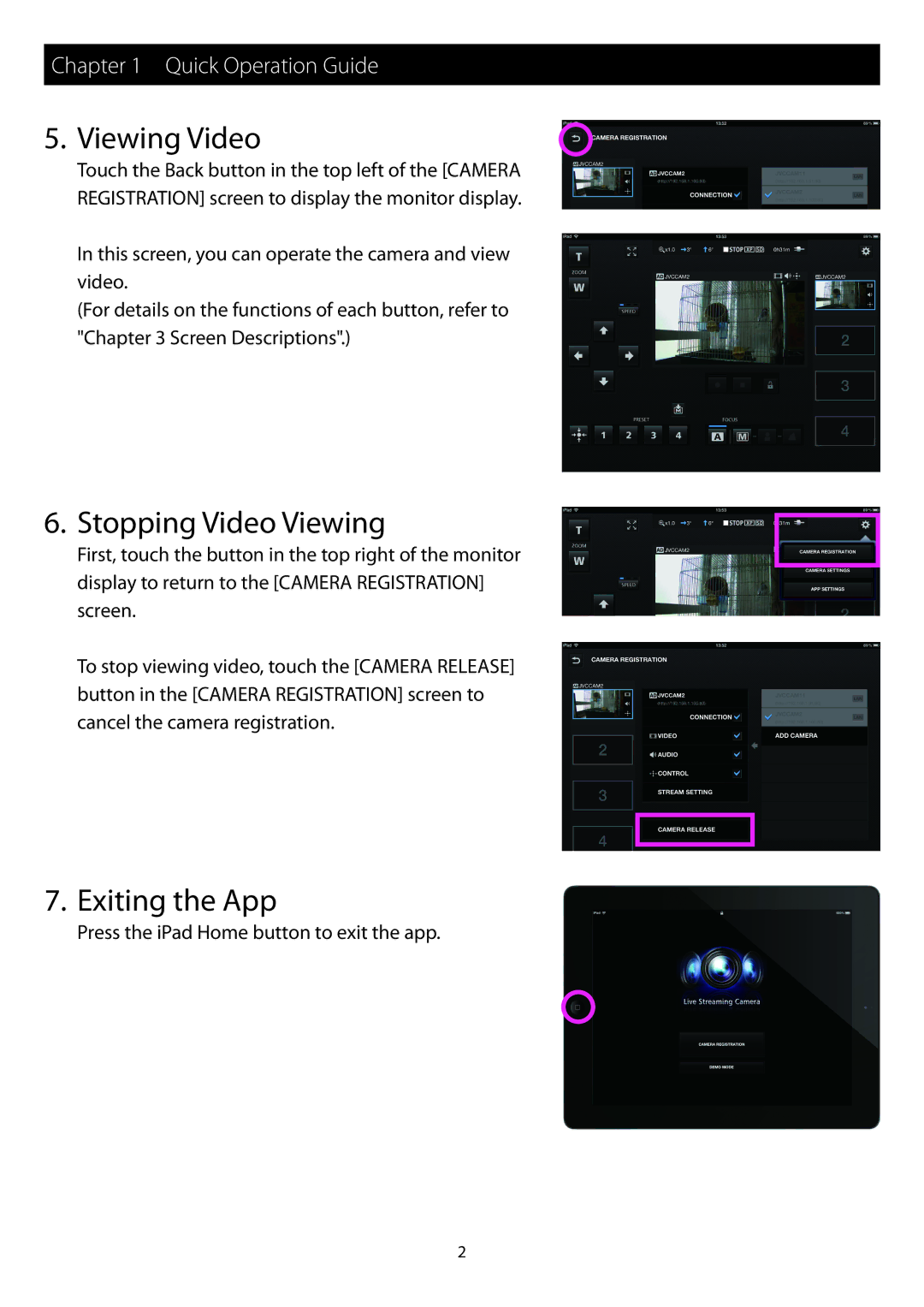 JVC GV-LS2/GV-LS1 instruction manual Viewing Video, Stopping Video Viewing, Exiting the App 