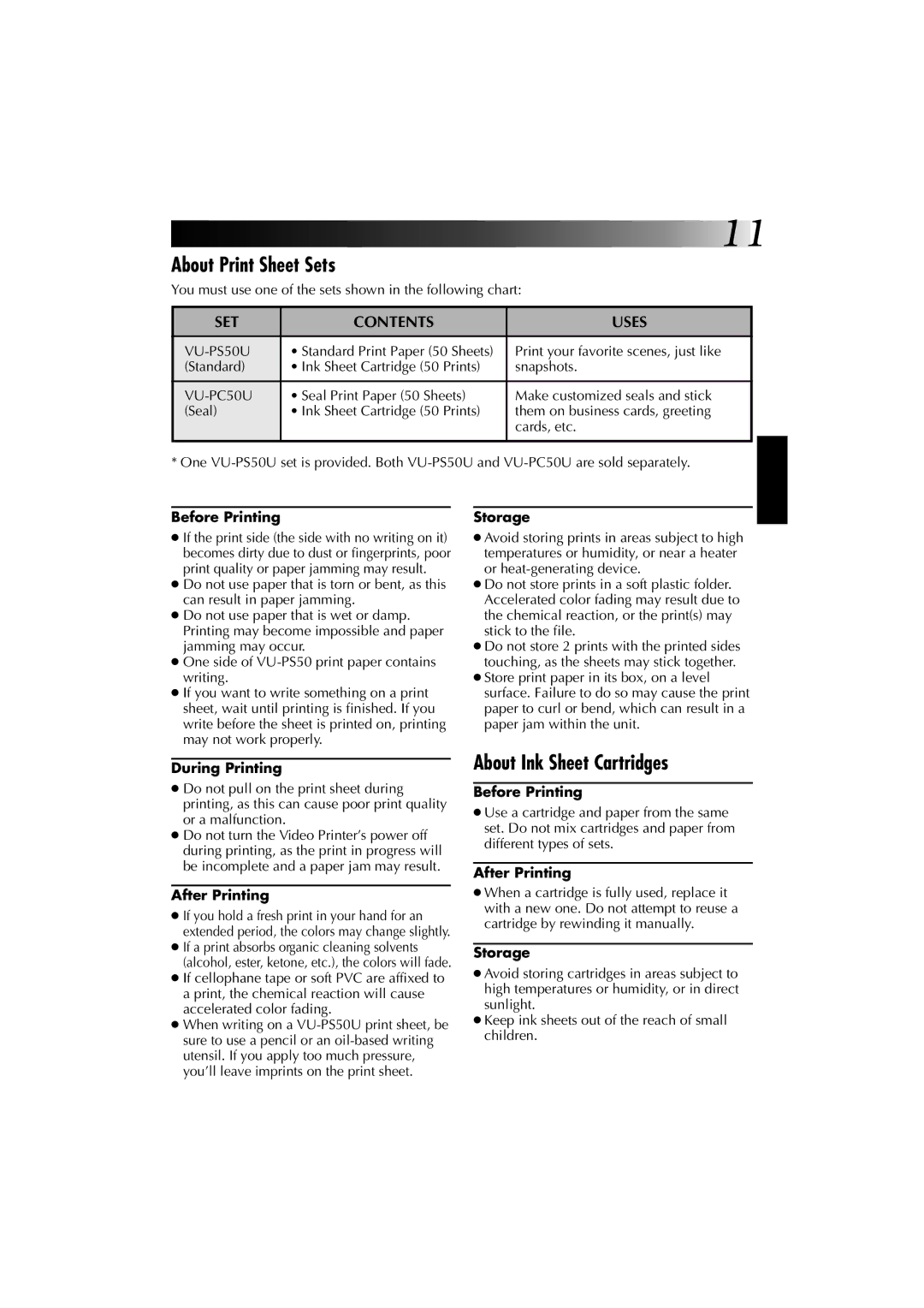 JVC GV-PT1 manual About Print Sheet Sets, About Ink Sheet Cartridges, SET Contents Uses 