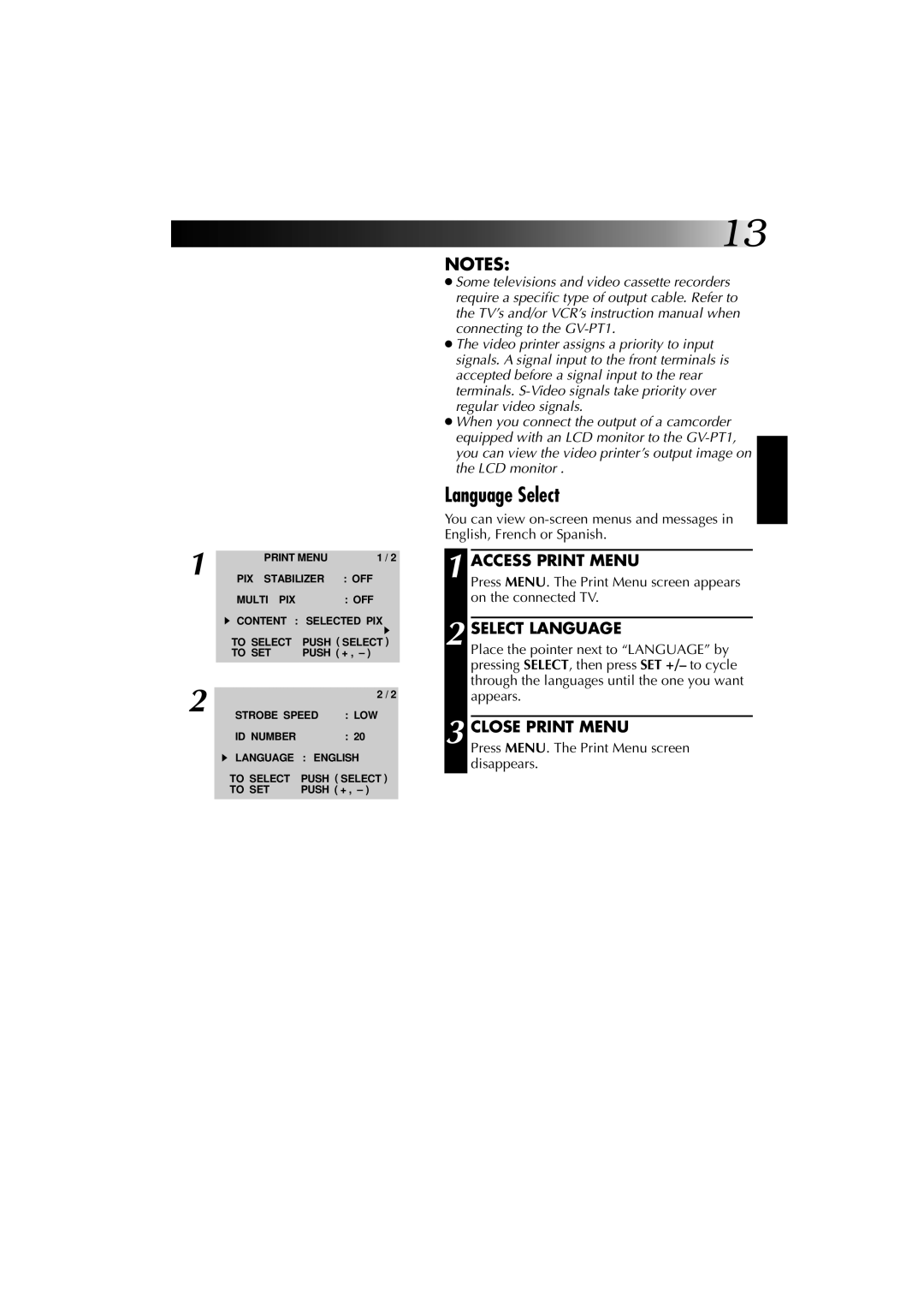 JVC GV-PT1 manual Language Select 