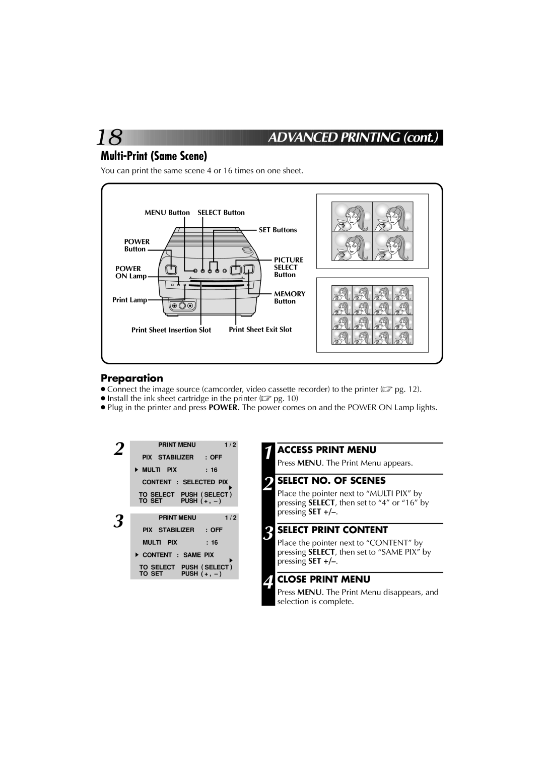 JVC GV-PT1 manual Multi-Print Same Scene, Select Print Content 