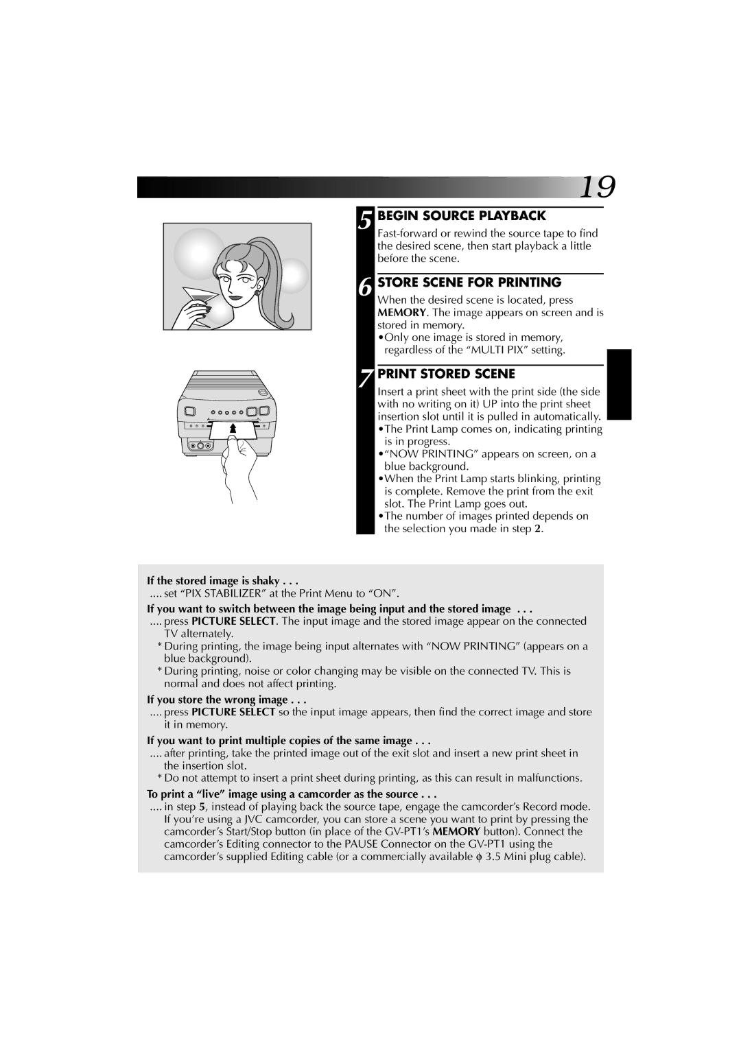 JVC GV-PT1 manual Store Scene for Printing, Print Stored Scene, If you store the wrong image 