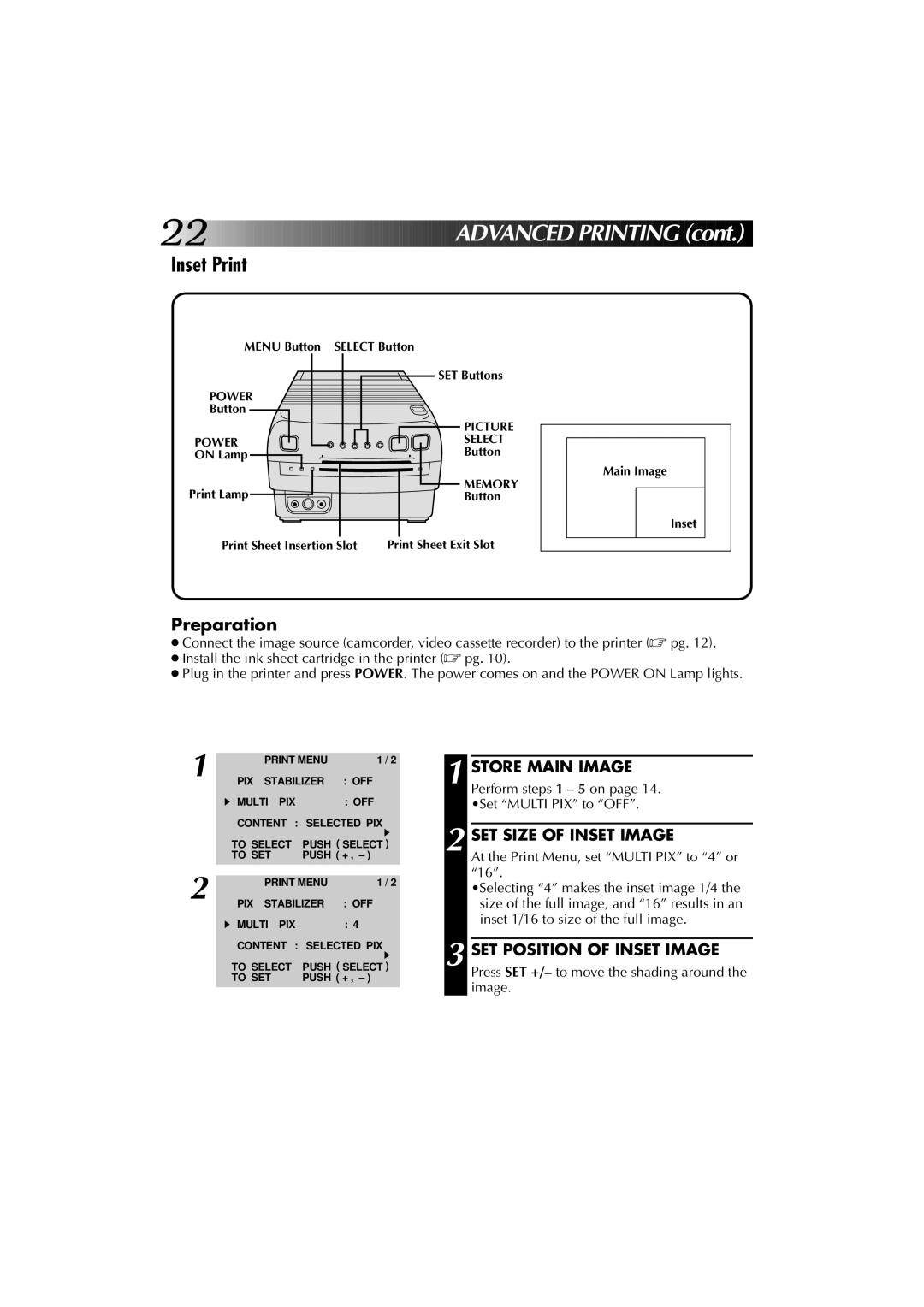 JVC GV-PT1 manual Inset Print, SET Size of Inset Image, SET Position of Inset Image 