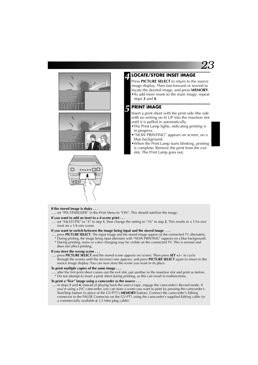 JVC GV-PT1 manual LOCATE/STORE Inset Image, Print Image, If you want to add an inset to a 4-scene print 