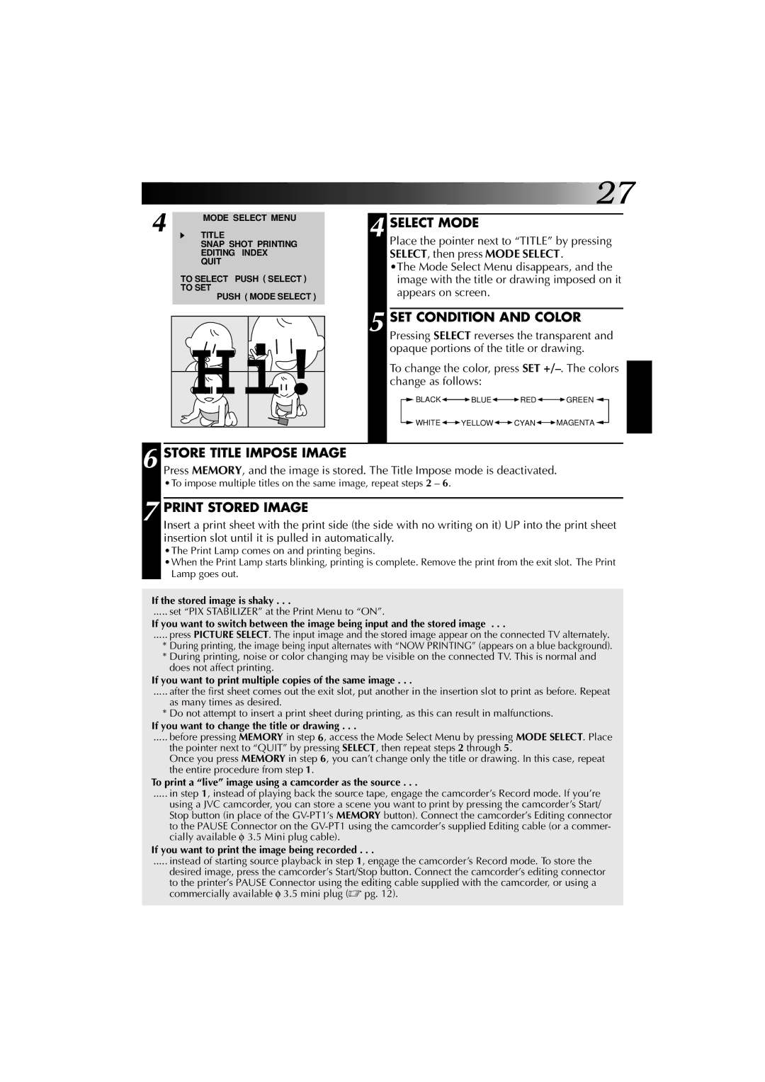 JVC GV-PT1 manual Select Mode, Print Stored Image, If you want to print multiple copies of the same image 