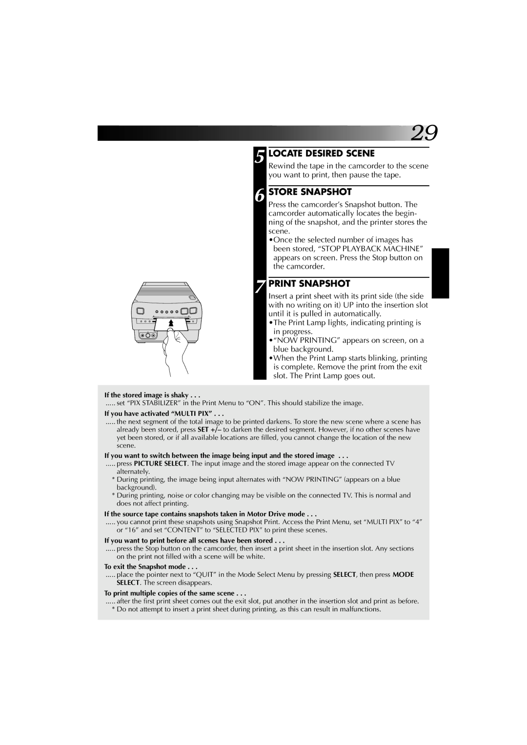 JVC GV-PT1 manual Locate Desired Scene, Store Snapshot, Print Snapshot 