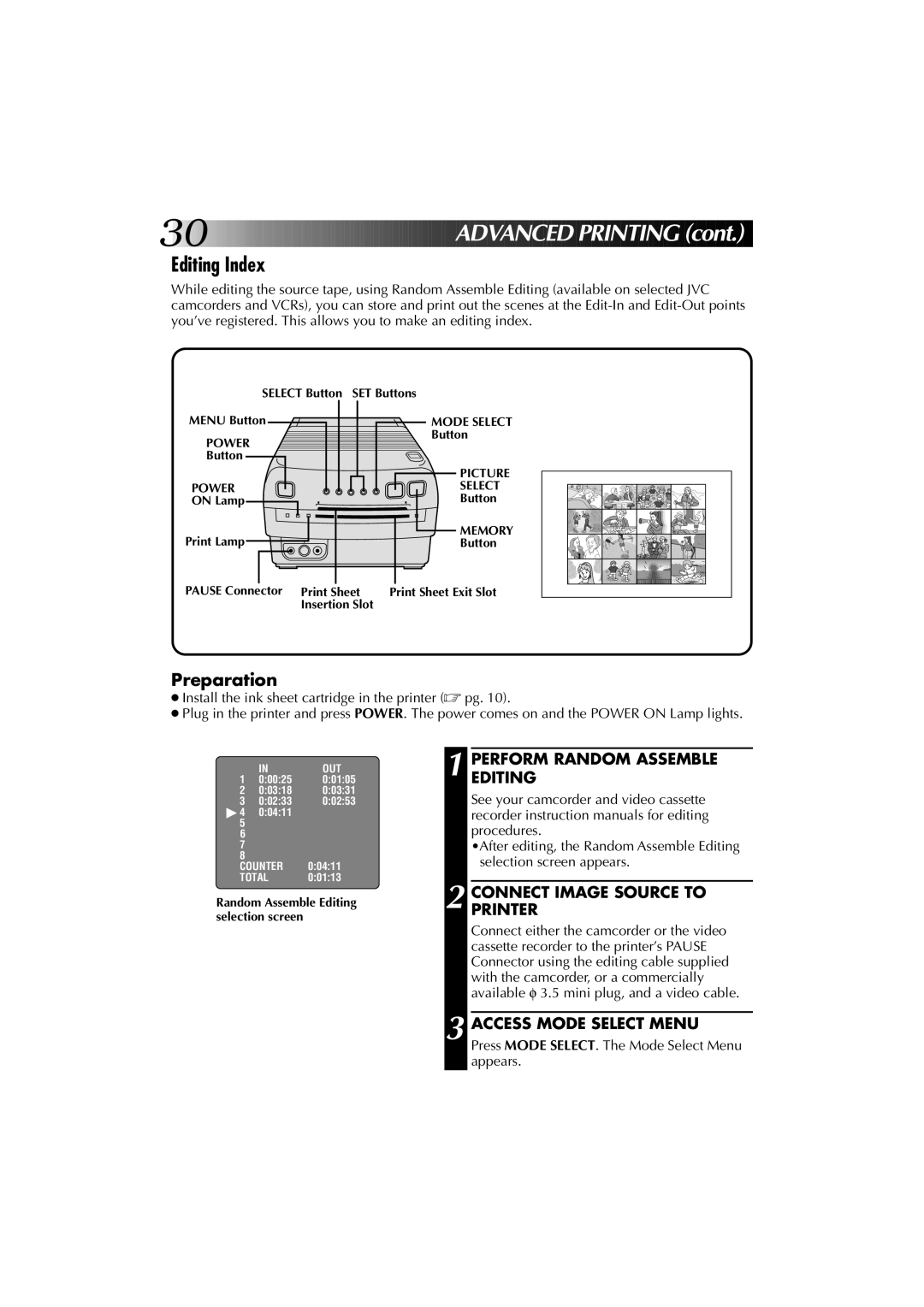 JVC GV-PT1 manual Editing Index, Performediting Random Assemble, Connectprinter Image Source to 