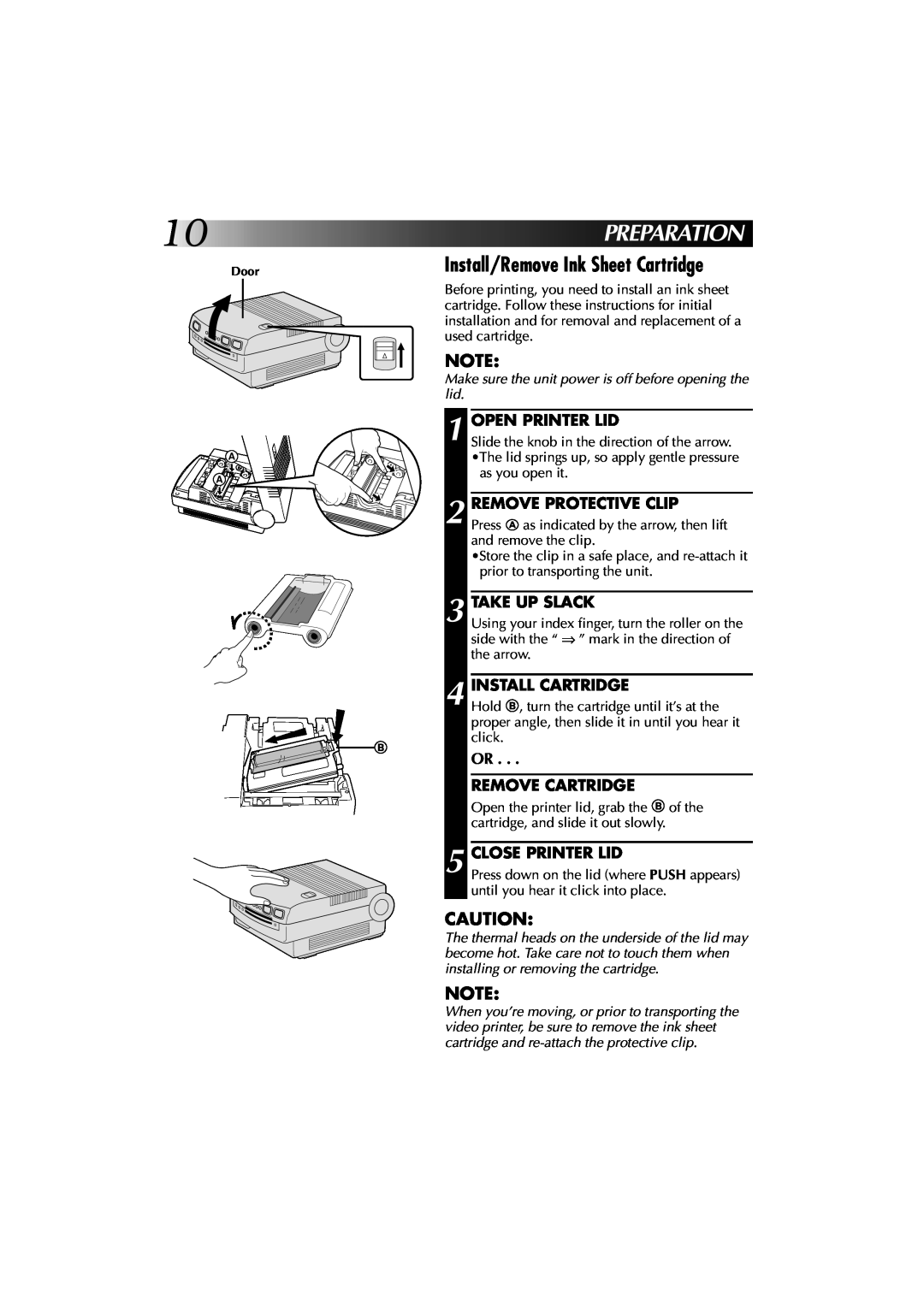 JVC GV-PT1 manual Preparation, Install/Remove Ink Sheet Cartridge, Open Printer Lid, Remove Protective Clip, Take Up Slack 