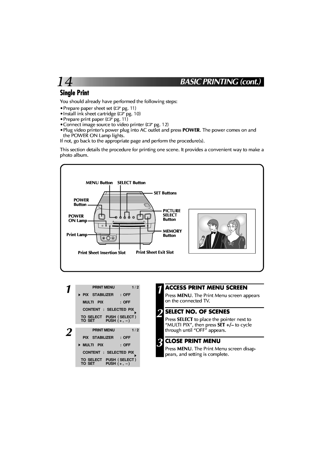 JVC GV-PT1 manual 14BASICPRINTINGcont, Single Print, Select No. Of Scenes, Close Print Menu 