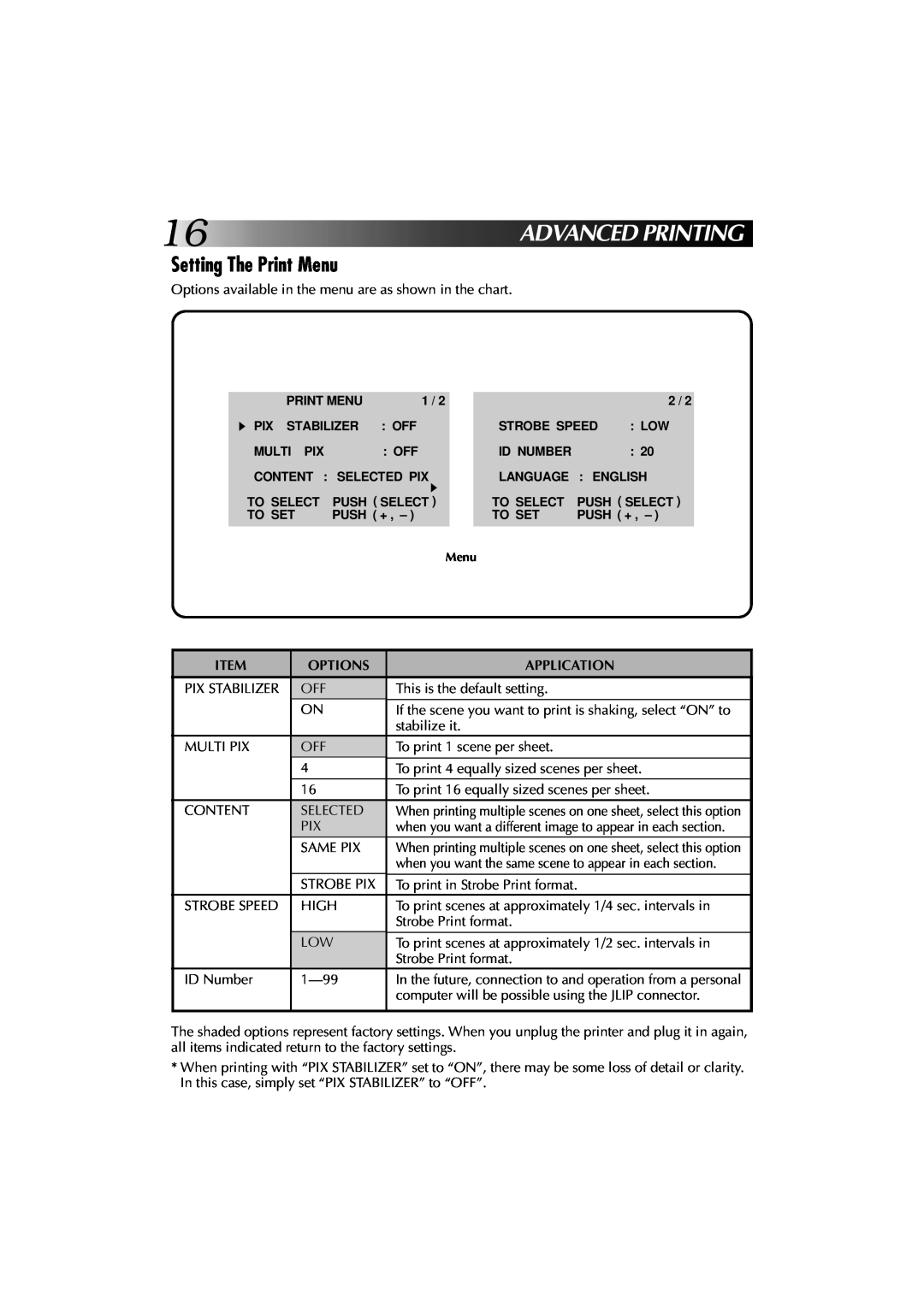 JVC GV-PT1 manual 16ADVANCED PRINTING, Setting The Print Menu, Options, Application 