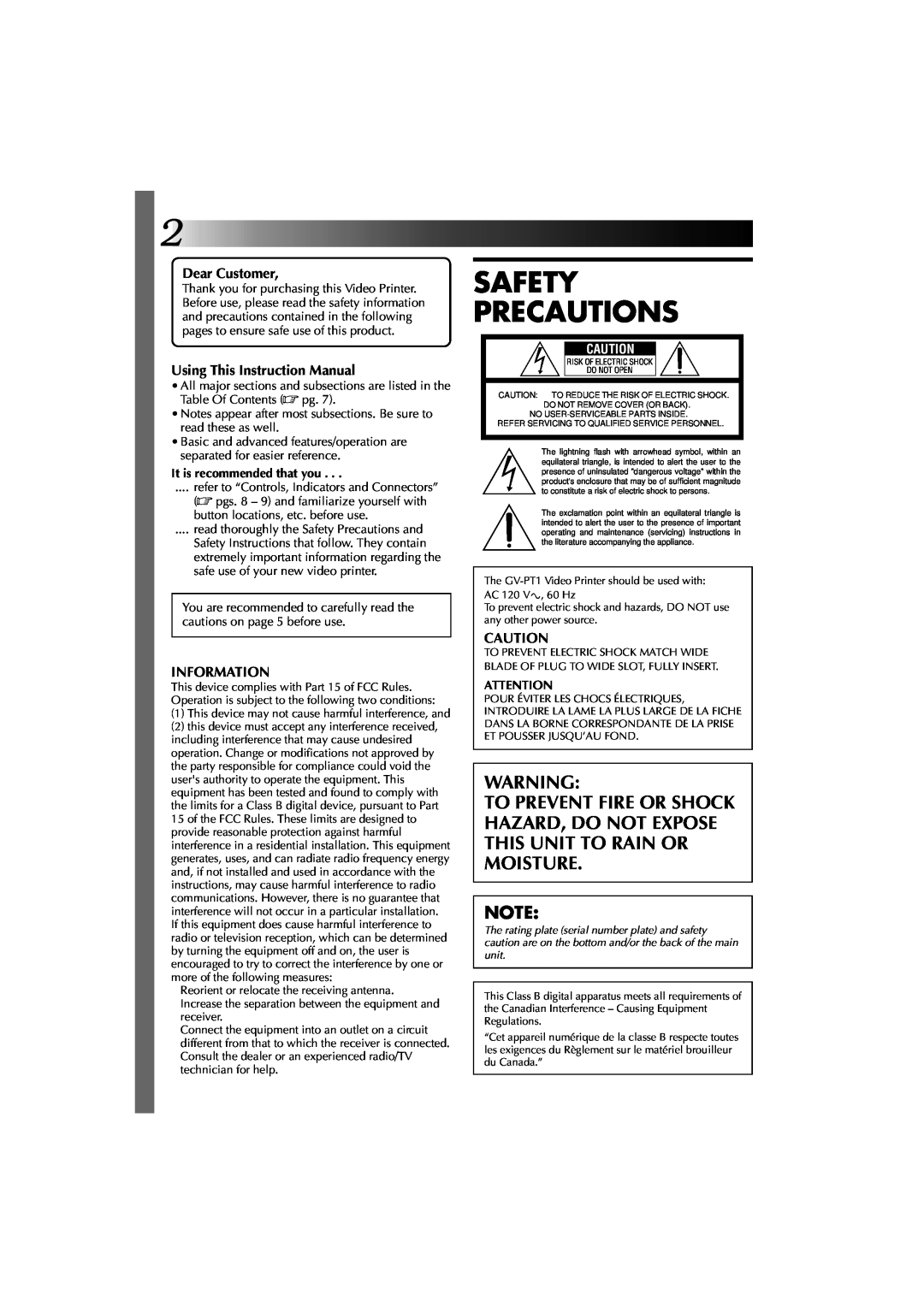 JVC GV-PT1 manual Safety Precautions, Dear Customer, Using This Instruction Manual, Information 
