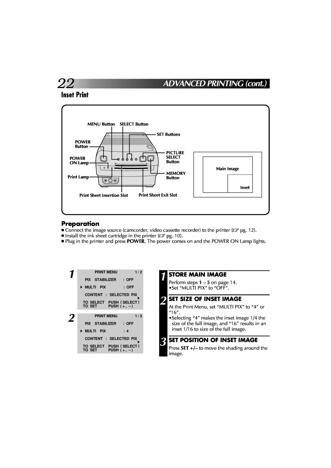 JVC GV-PT1 manual Inset Print, Set Size Of Inset Image, Set Position Of Inset Image, ADVANCEDPRINTINGcont, Preparation 
