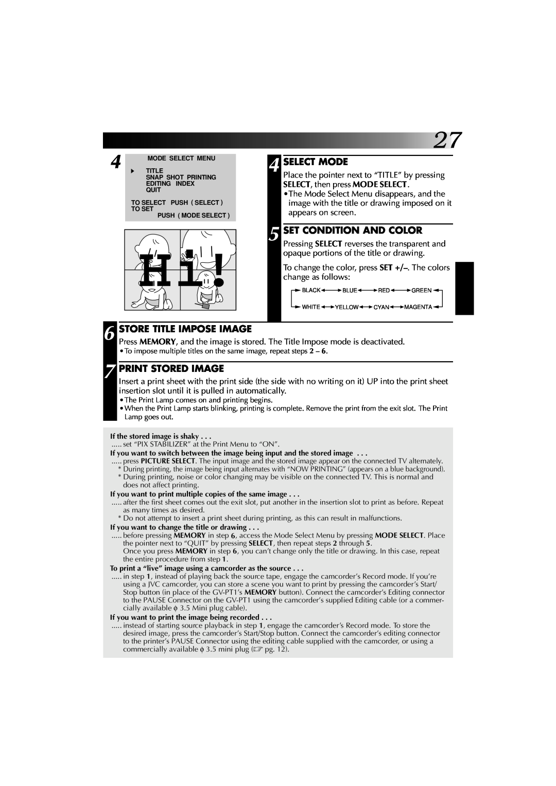 JVC GV-PT1 manual Select Mode, Print Stored Image 