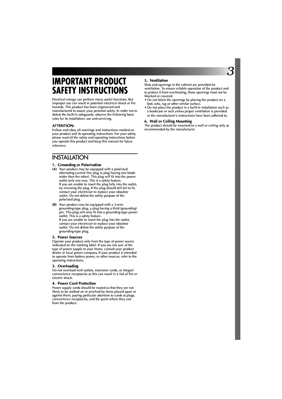 JVC GV-PT1 manual Installation, Important Product Safety Instructions 