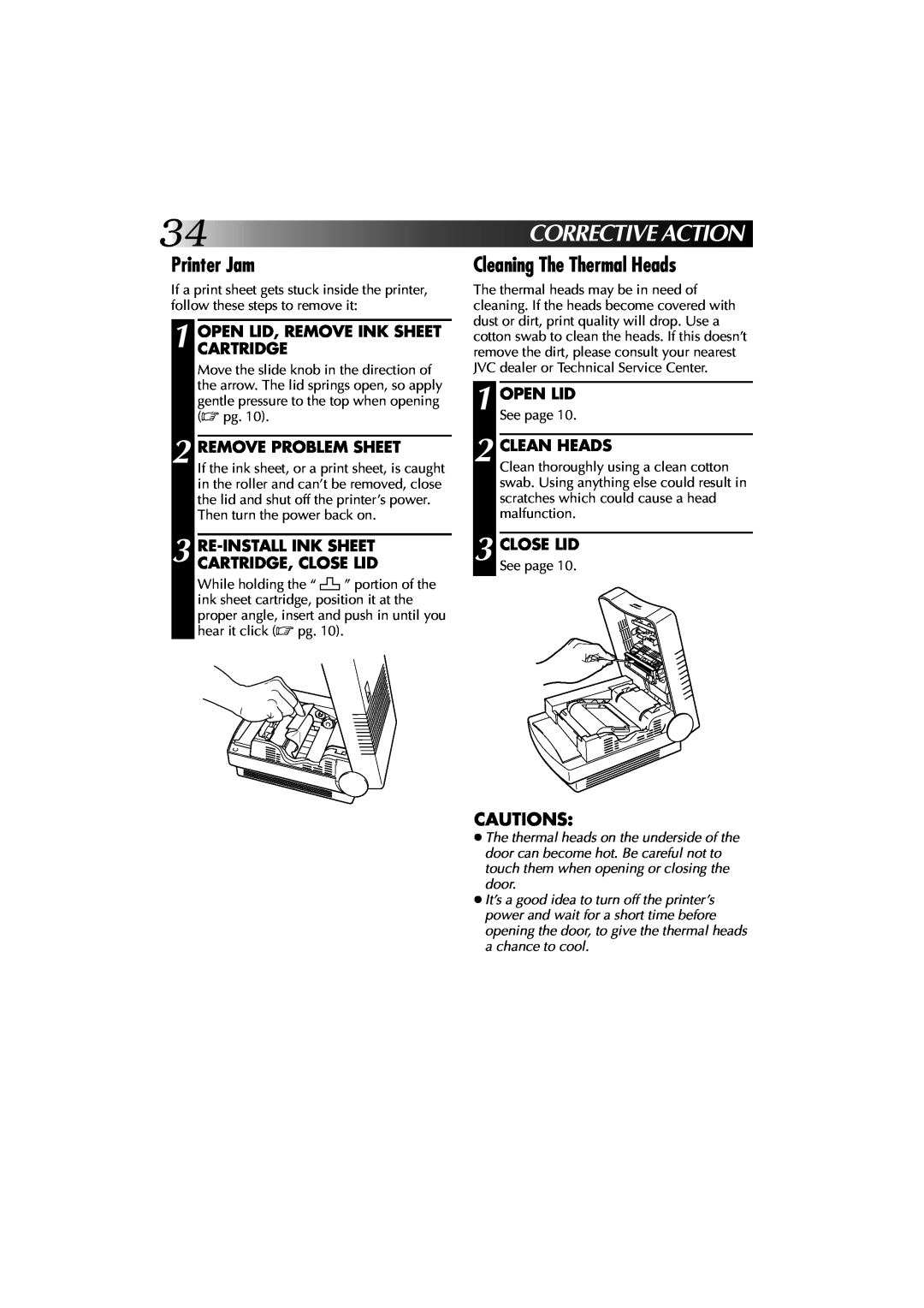 JVC GV-PT1 manual Correctiveaction, Printer Jam, Cautions, Open Lid, Remove Ink Sheet Cartridge, Remove Problem Sheet 